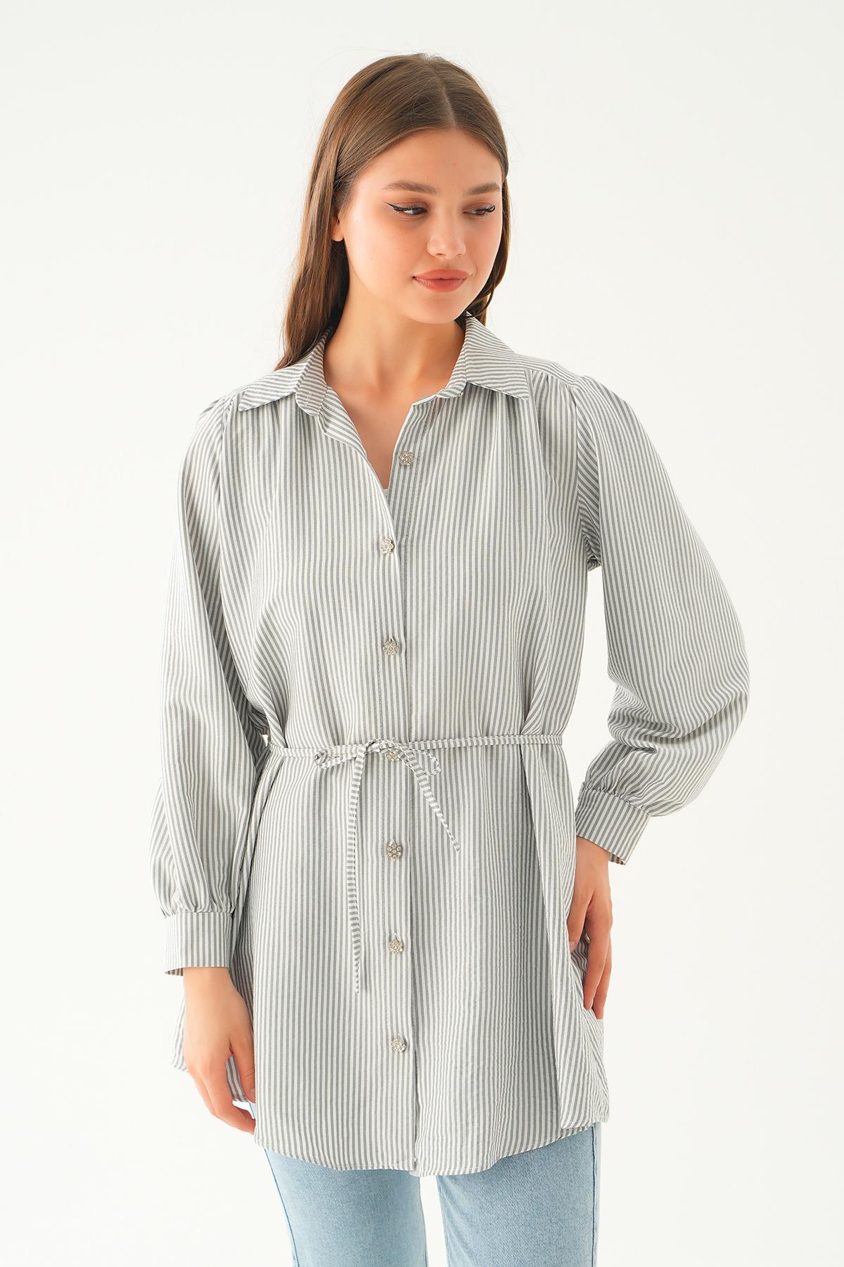 Siyah Bağlama Detay Çizgili Tunik 4242A - 5