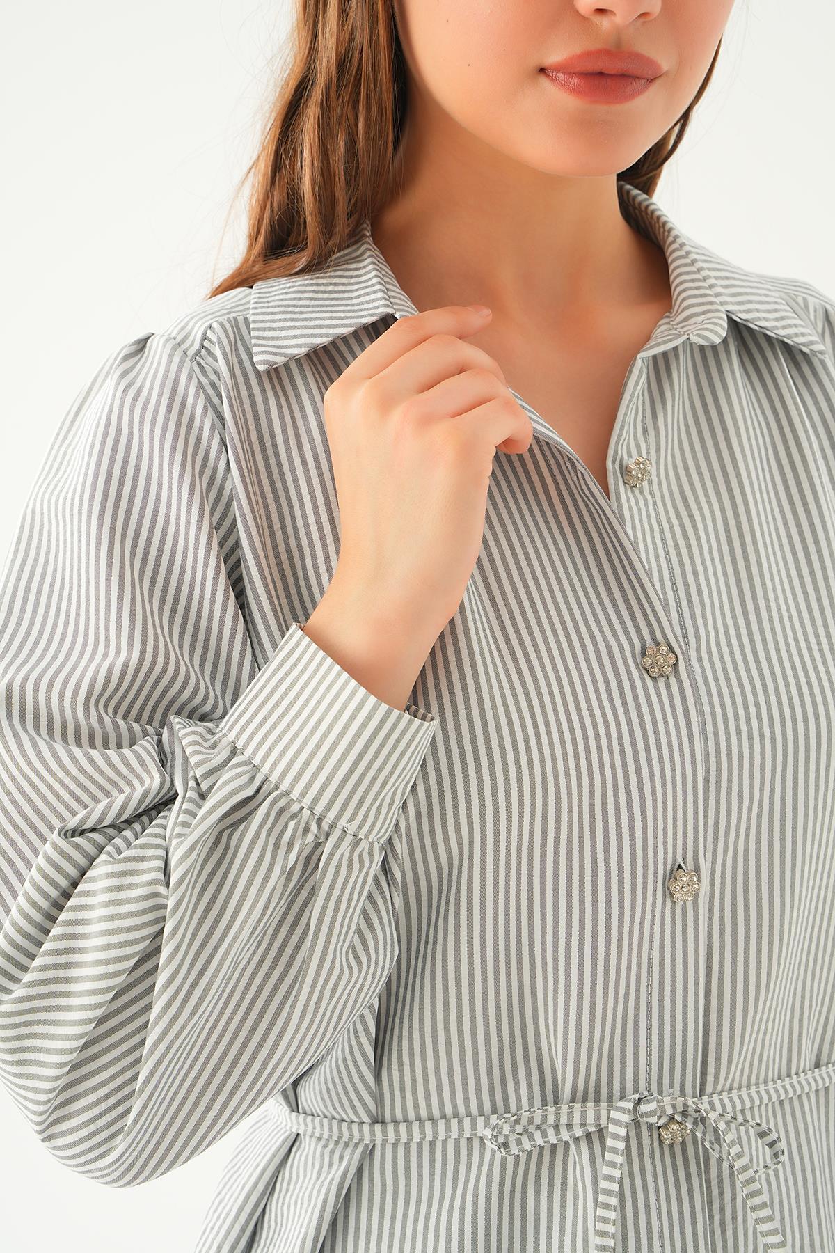 Siyah Bağlama Detay Çizgili Tunik 4242A - 6