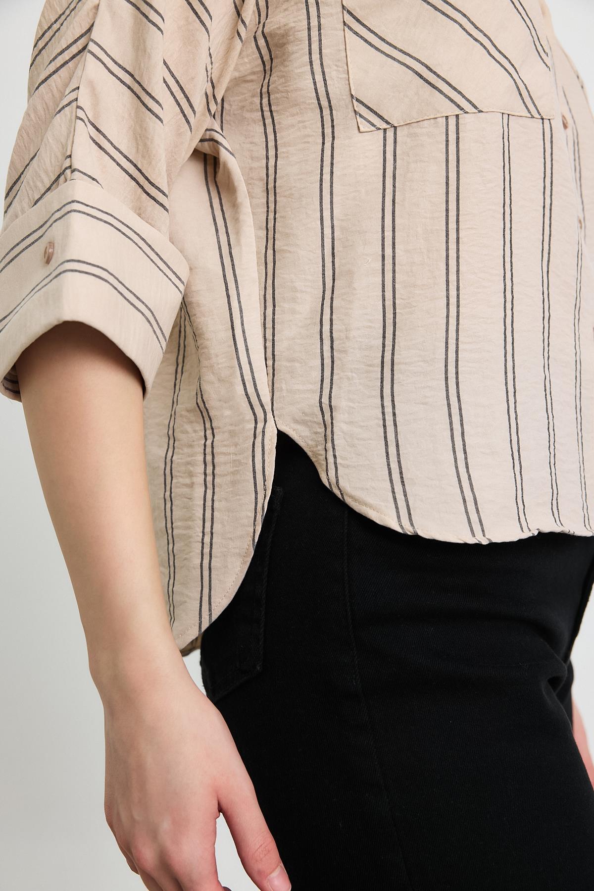 4272A Çizgili Cepli Gömlek Bej - RAYS