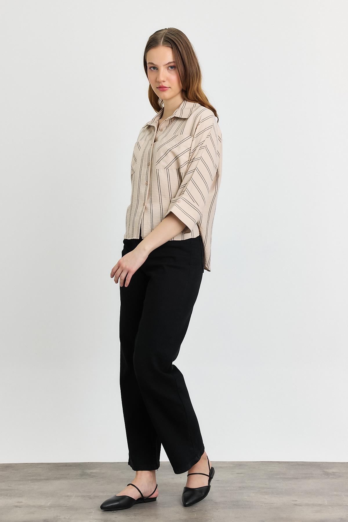 4272A Çizgili Cepli Gömlek Bej - 3