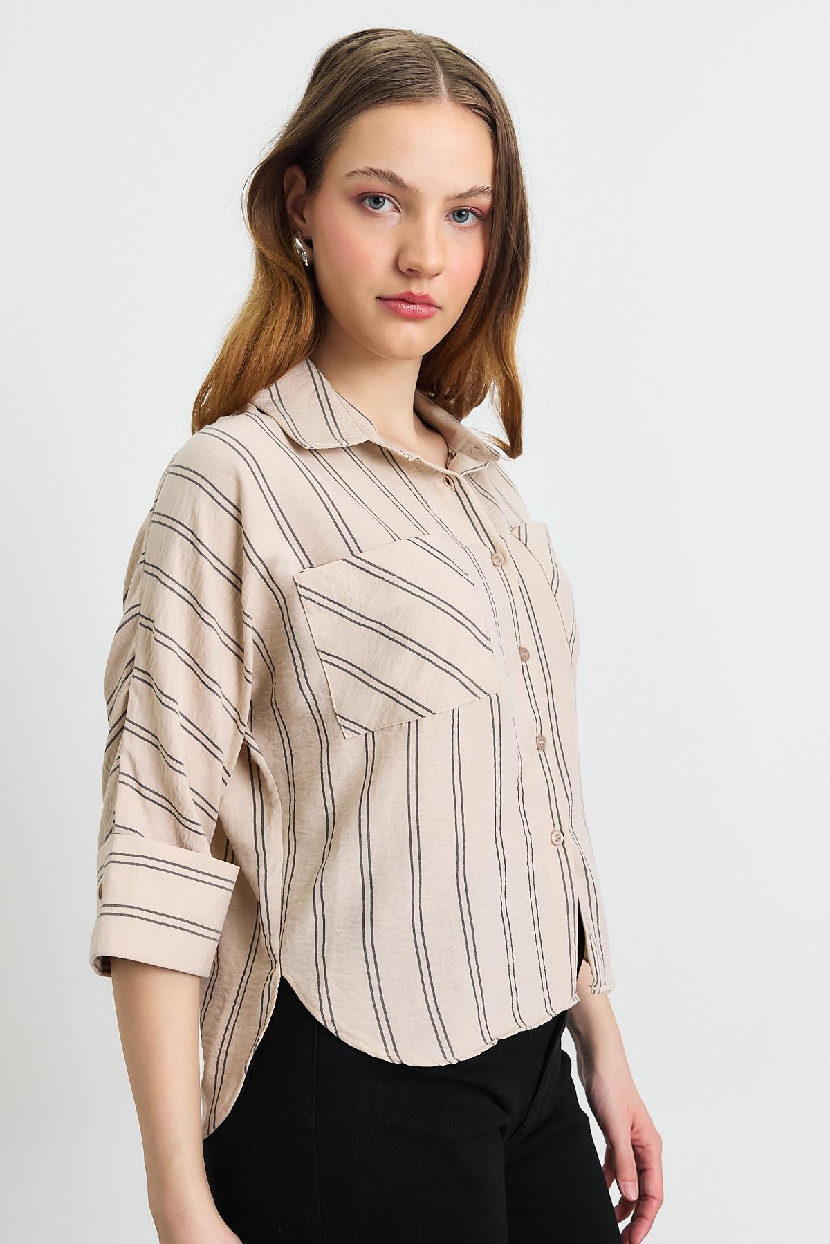4272A Çizgili Cepli Gömlek Bej - 8