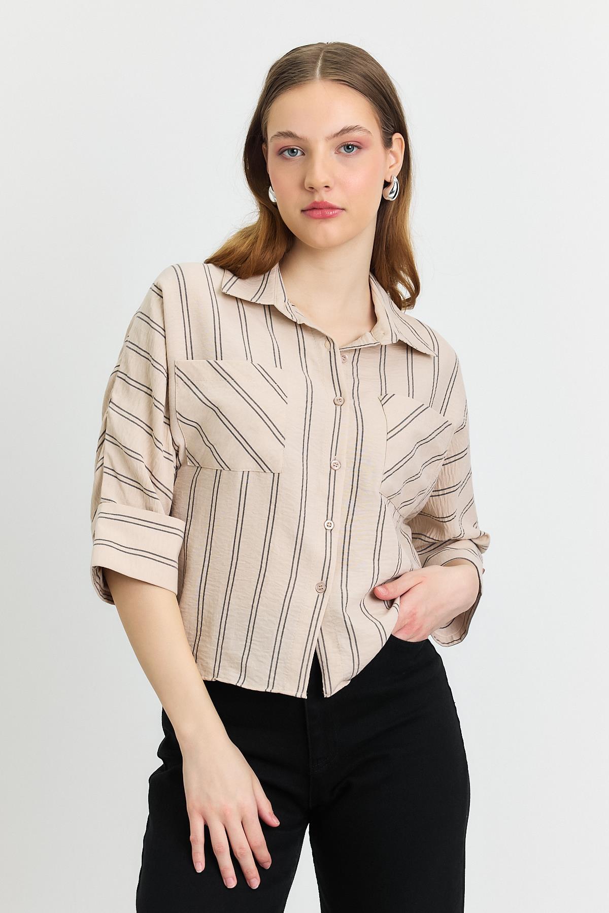 4272A Çizgili Cepli Gömlek Bej 