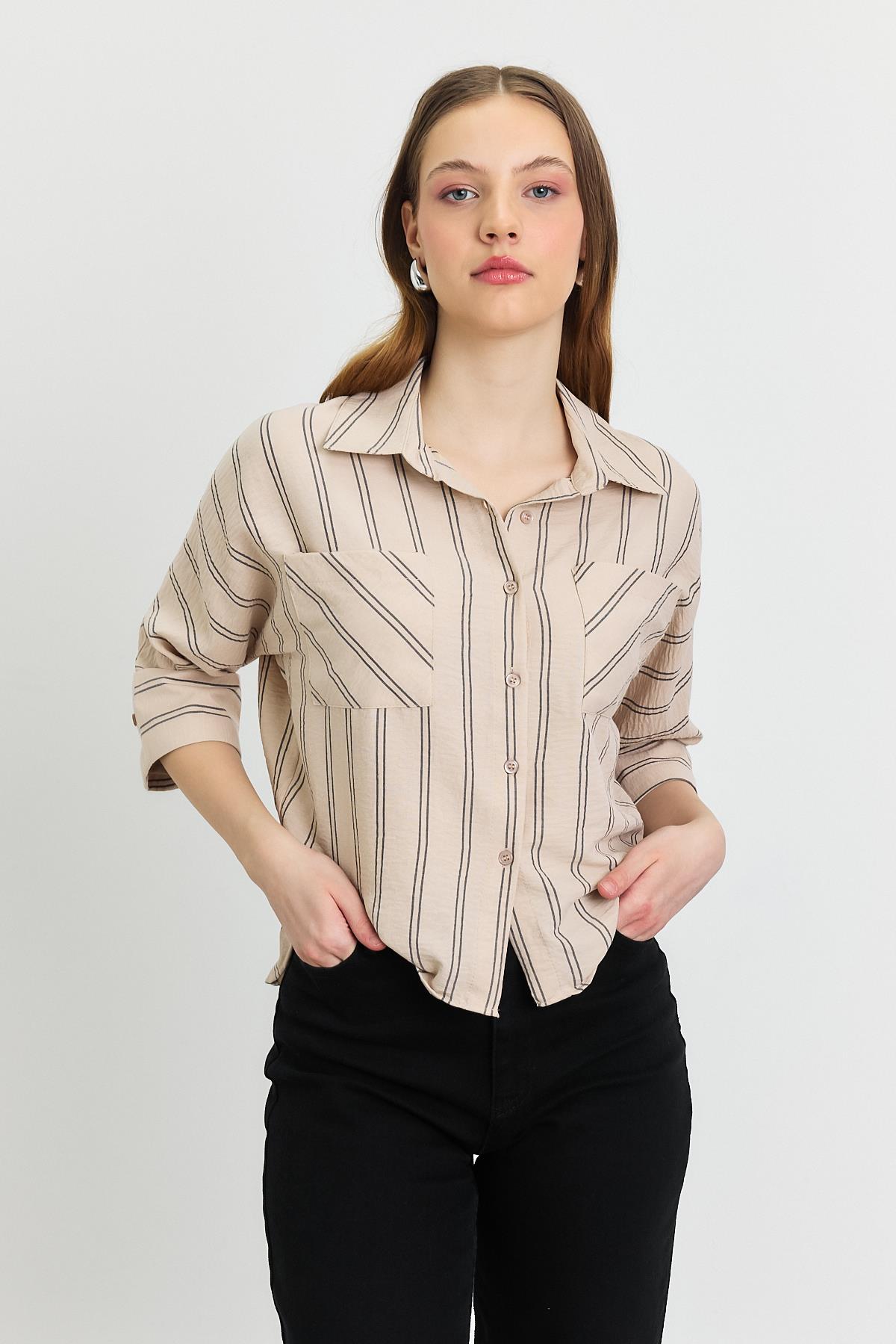 4272A Çizgili Cepli Gömlek Bej - 6