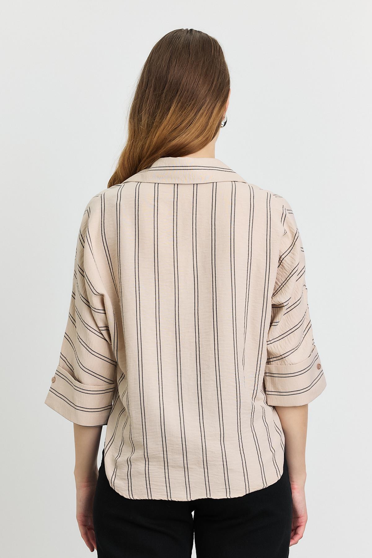 Bej Çizgili Çift Cepli Gömlek 4272-1 - 5