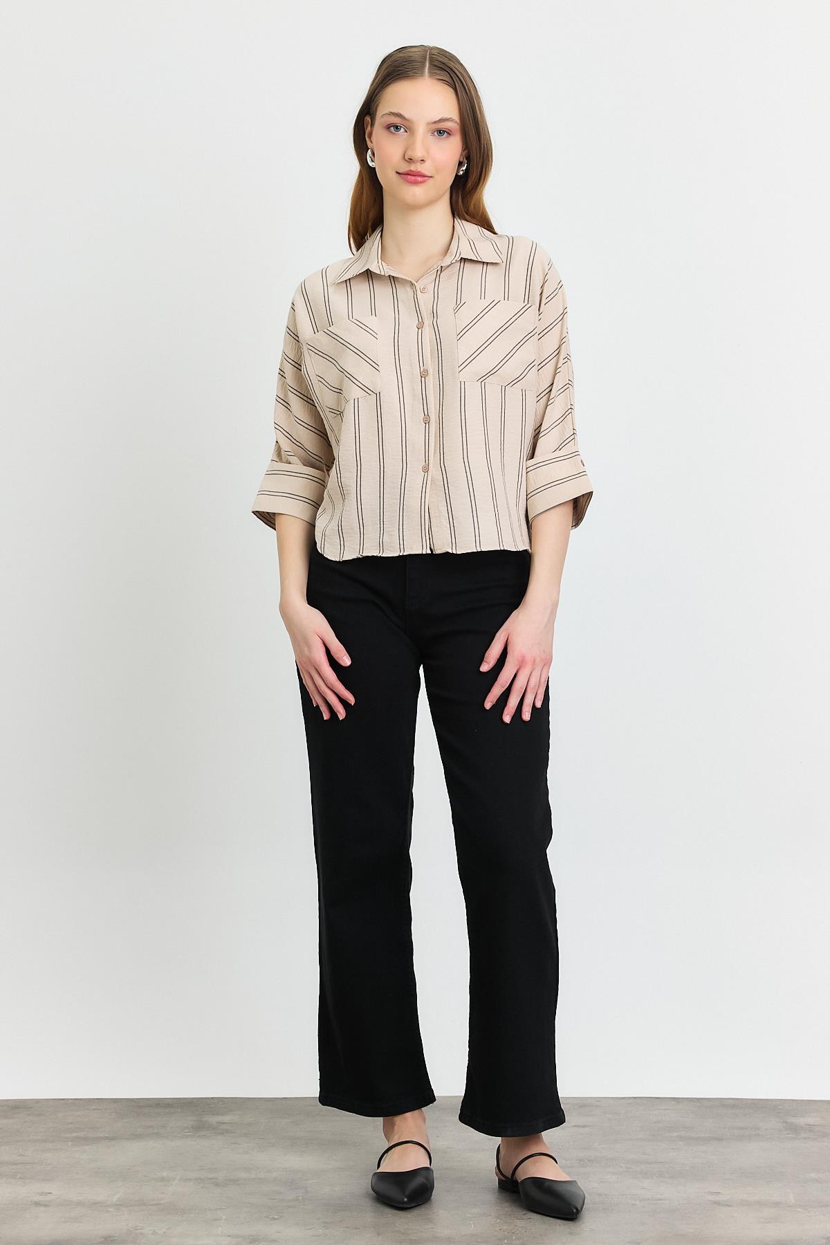 Bej Çizgili Çift Cepli Gömlek 4272-1 - 7
