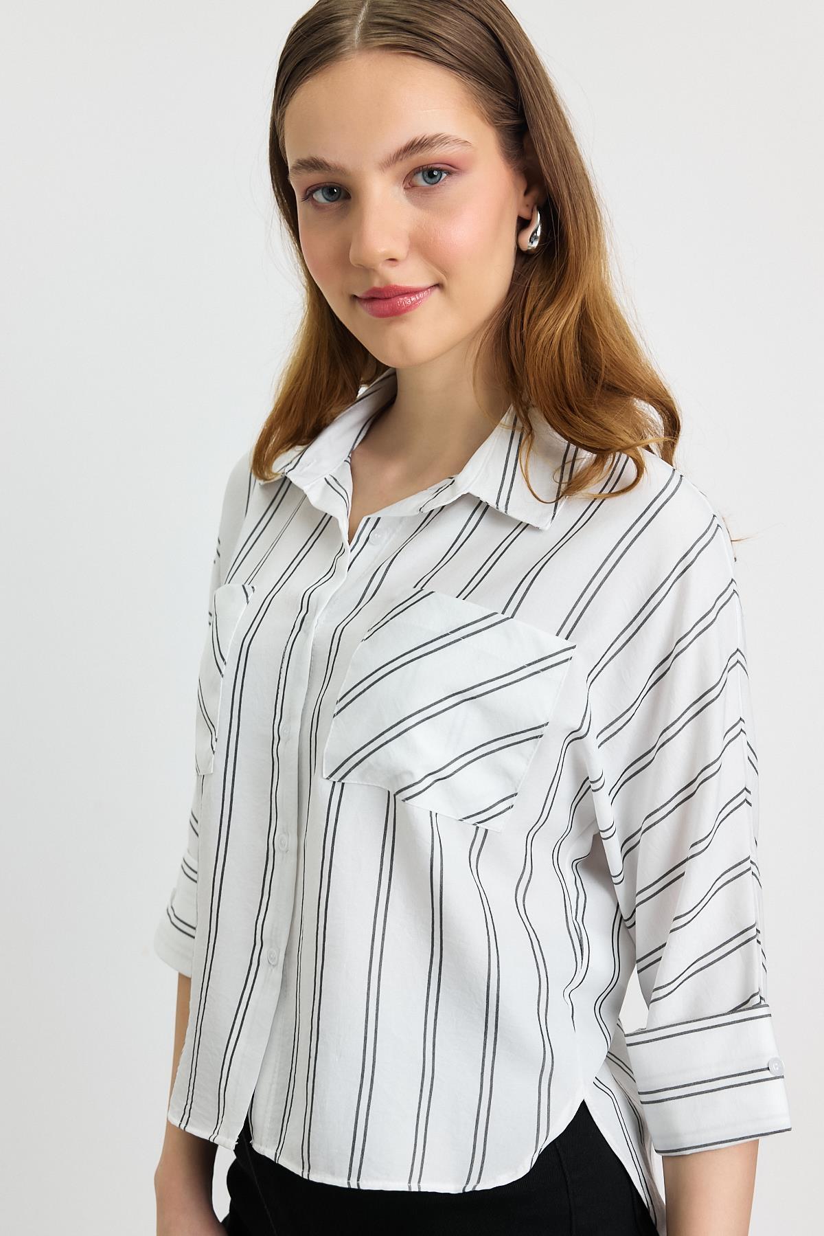 4272A Çizgili Cepli Gömlek Ekru - RAYS