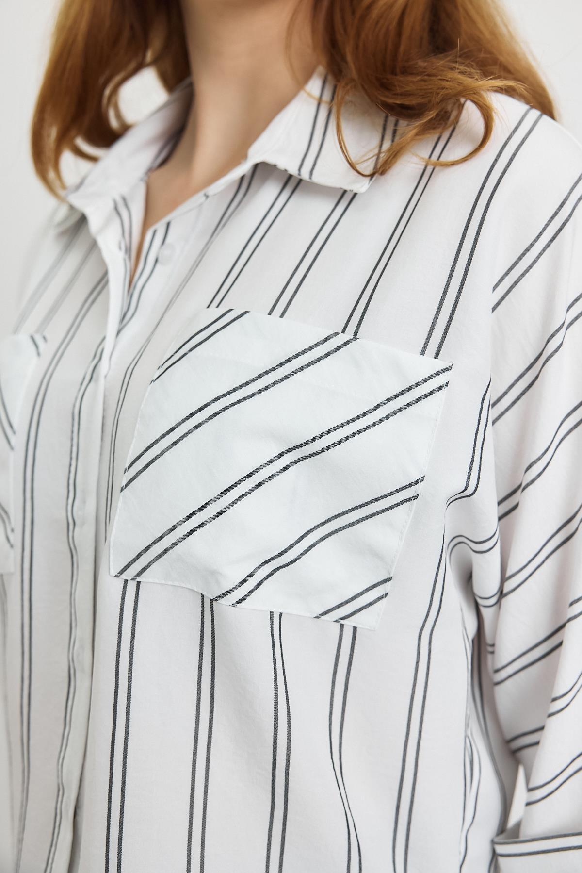 4272A Çizgili Cepli Gömlek Ekru - RAYS