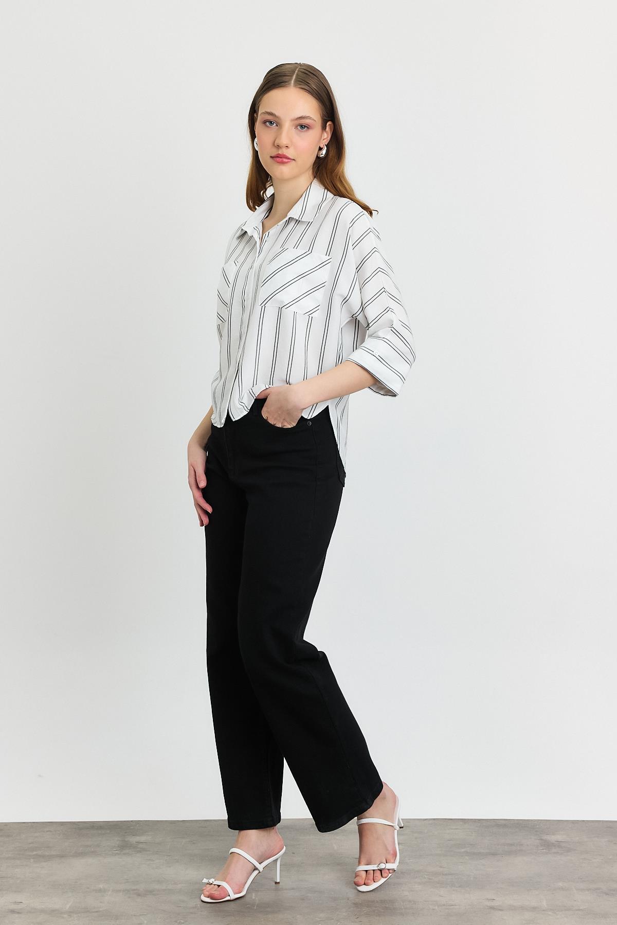 4272A Çizgili Cepli Gömlek Ekru - 6