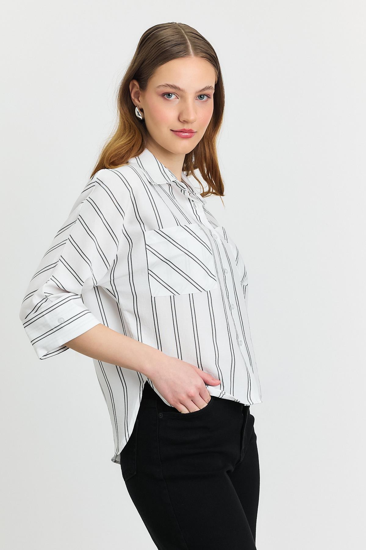 4272A Çizgili Cepli Gömlek Ekru - 1