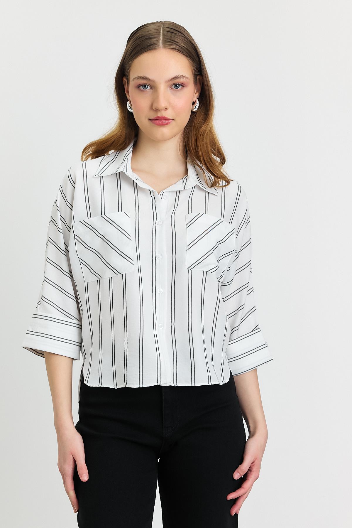 4272A Çizgili Cepli Gömlek Ekru - 8