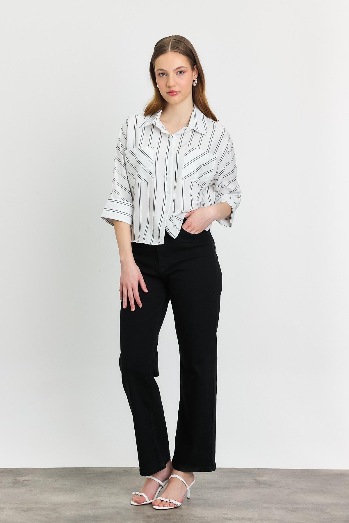 Ekru Çizgili Çift Cepli Gömlek 4272-1 - 2