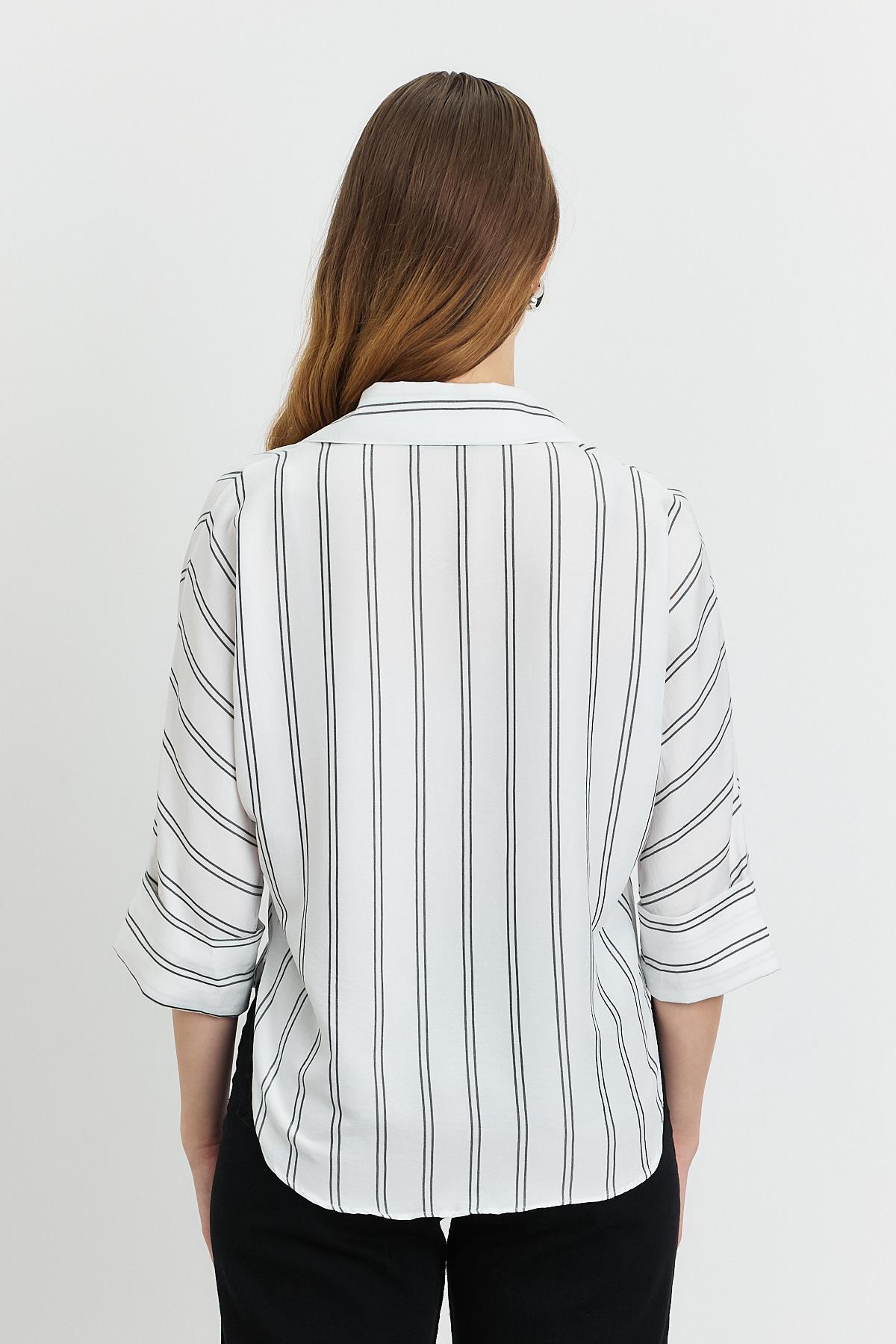 Ekru Çizgili Çift Cepli Gömlek 4272-1 - 5