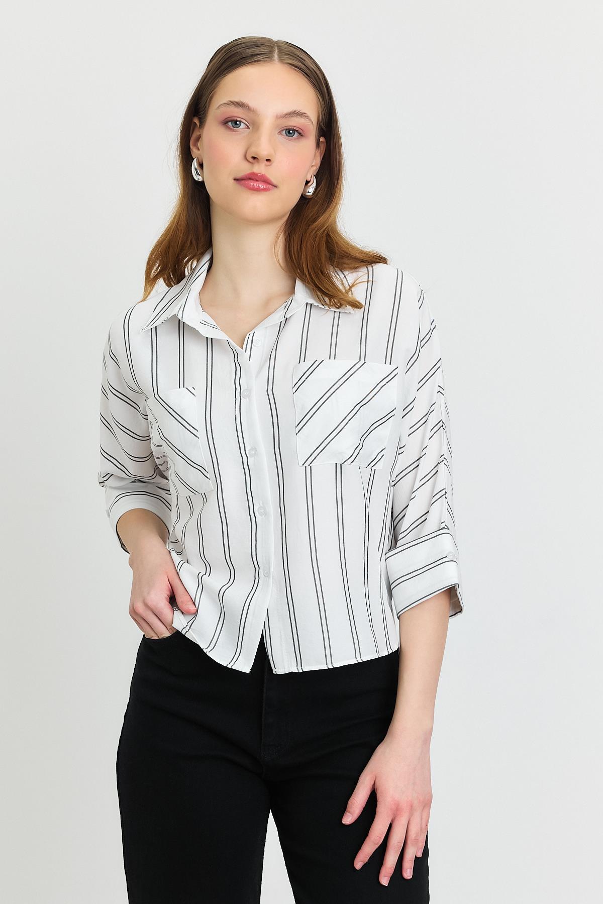 Ekru Çizgili Çift Cepli Gömlek 4272-1 - 7