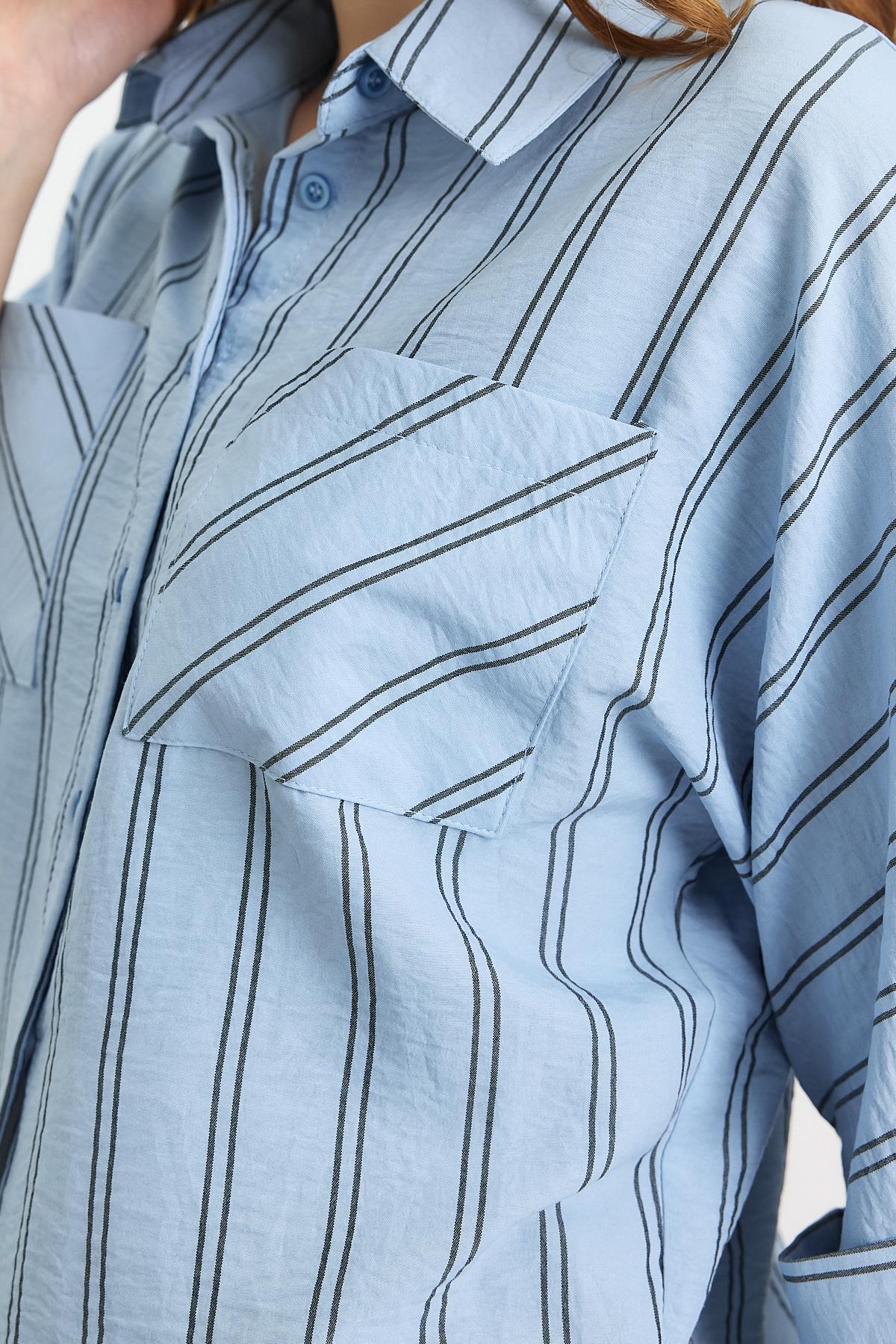 4272A Çizgili Cepli Gömlek Mavi - 4