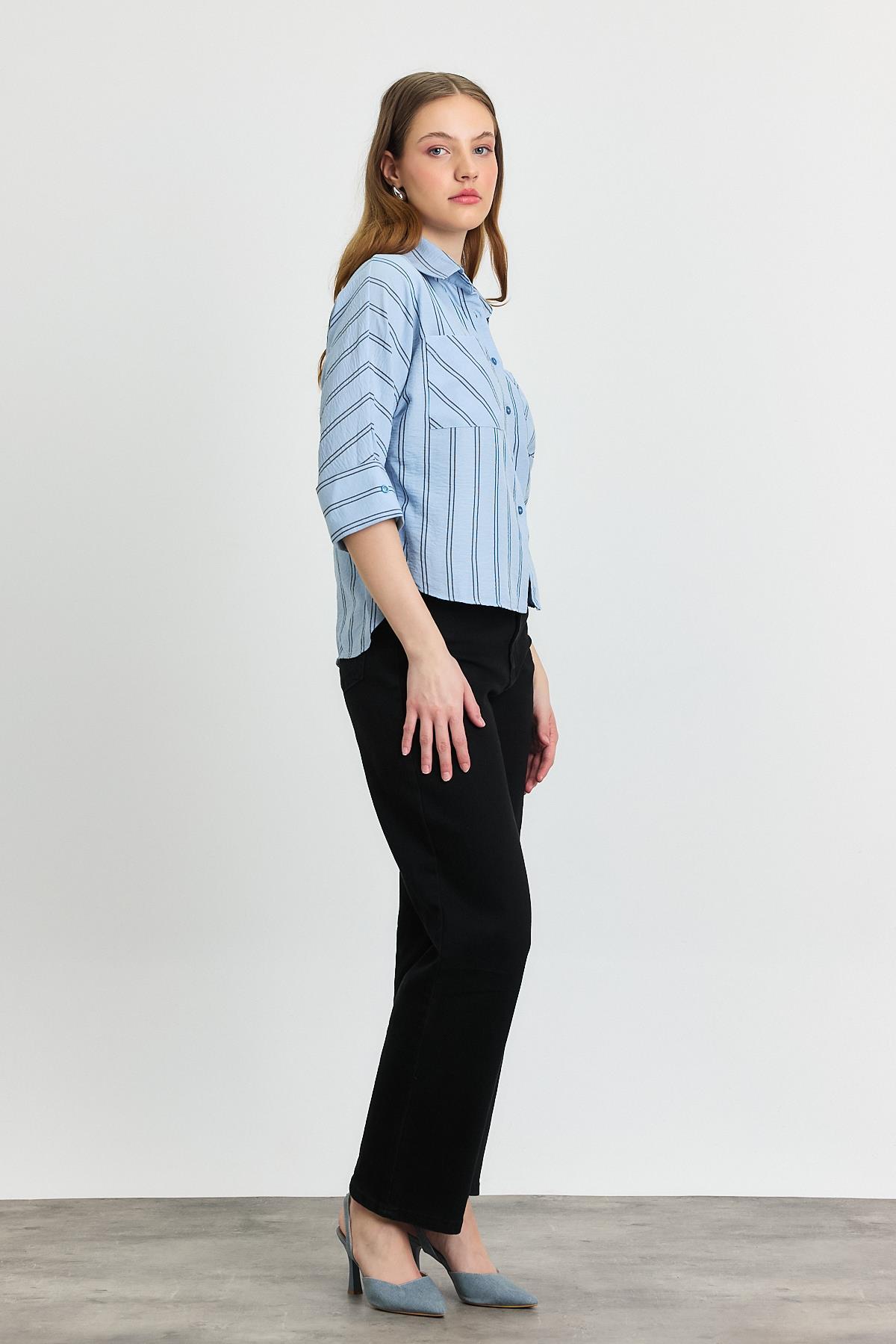 4272A Çizgili Cepli Gömlek Mavi - 7
