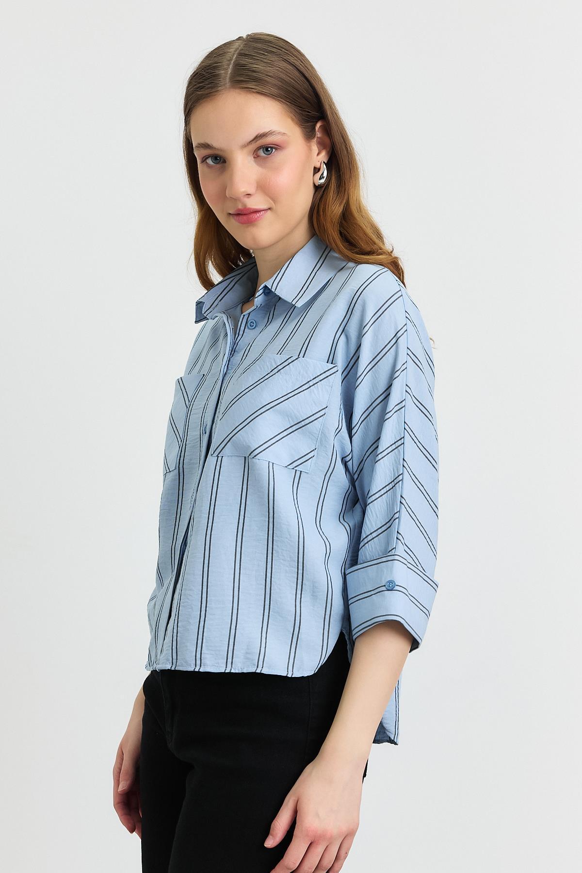 4272A Çizgili Cepli Gömlek Mavi - 8