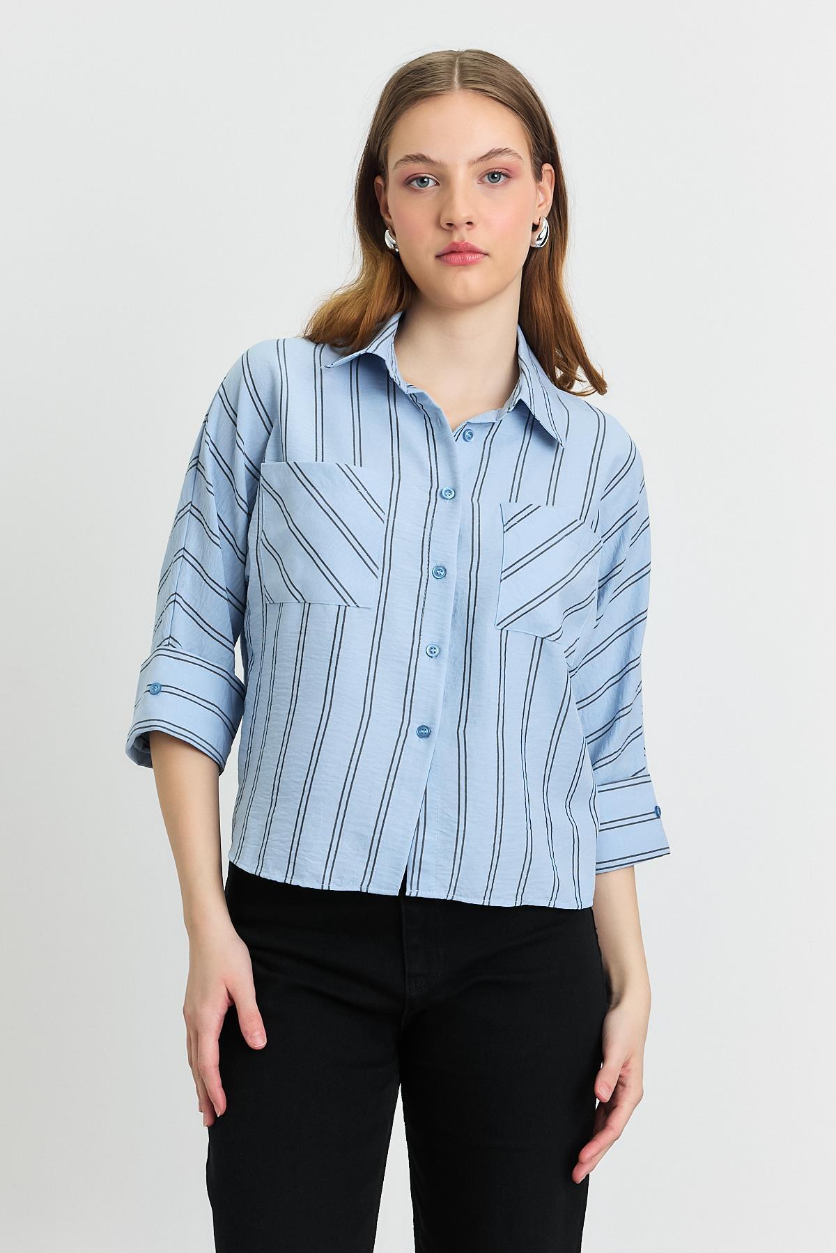 Mavi Çizgili Çift Cepli Gömlek 4272-1 