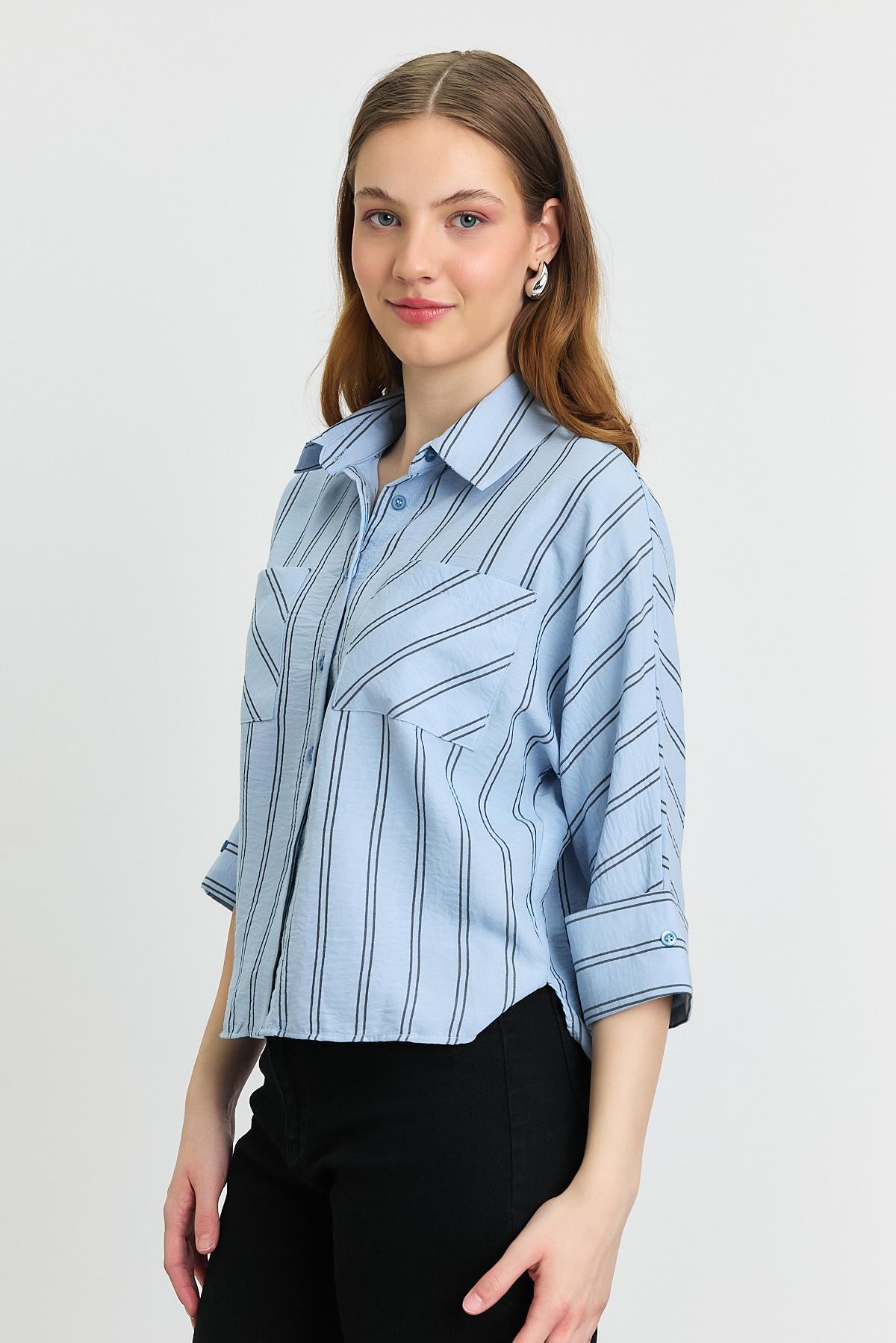 Mavi Çizgili Çift Cepli Gömlek 4272-1 - 3