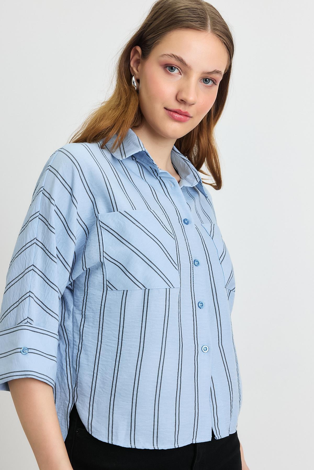 Mavi Çizgili Çift Cepli Gömlek 4272-1 - 6