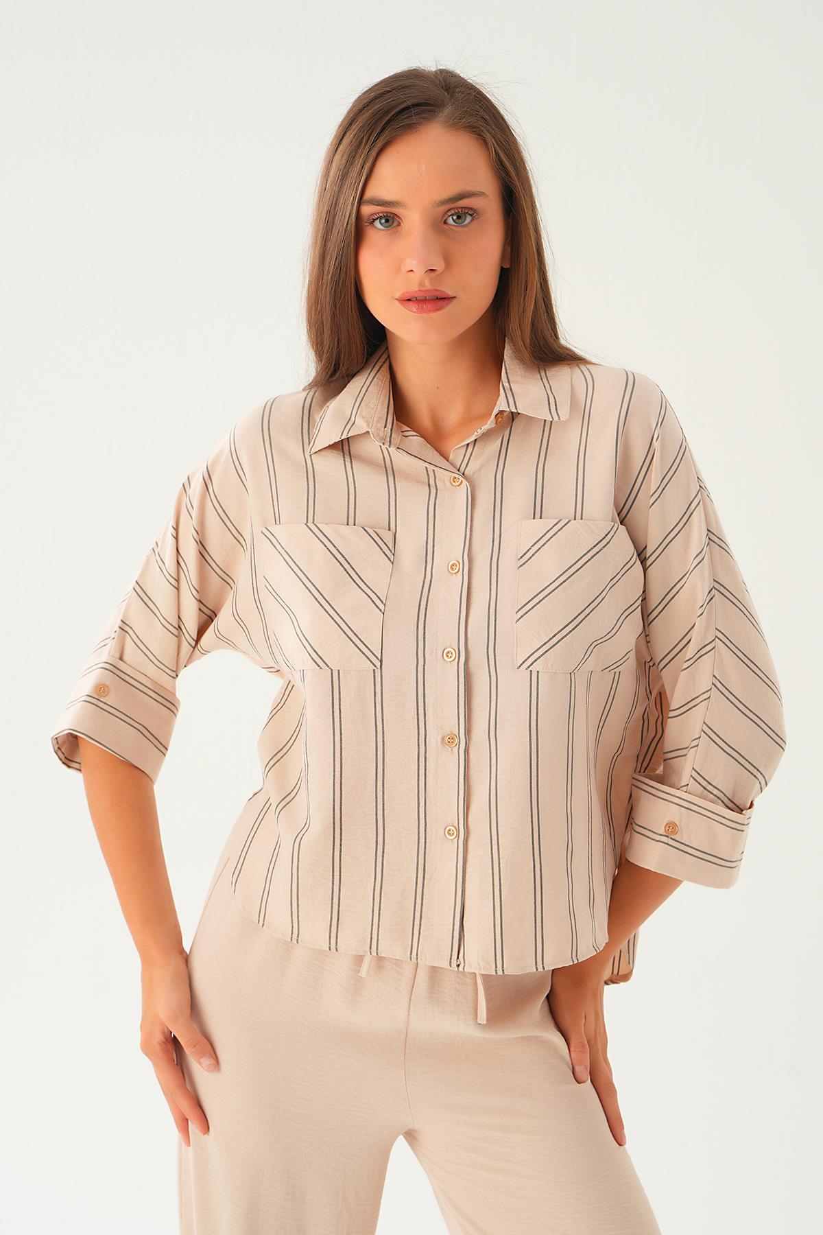 4272A Çizgili Çift Cep Gömlek Bej 