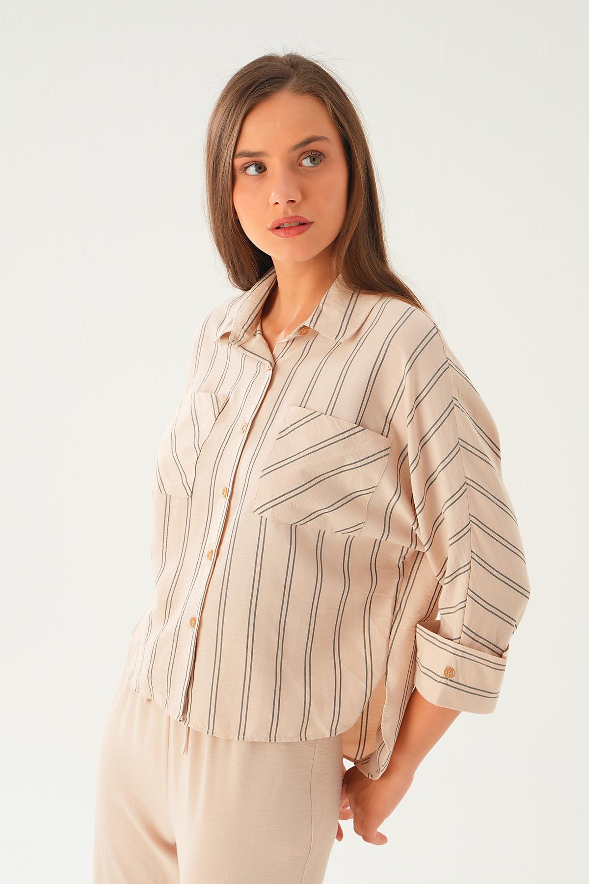 Bej Çizgili Çift Cep Gömlek 4272A - 3