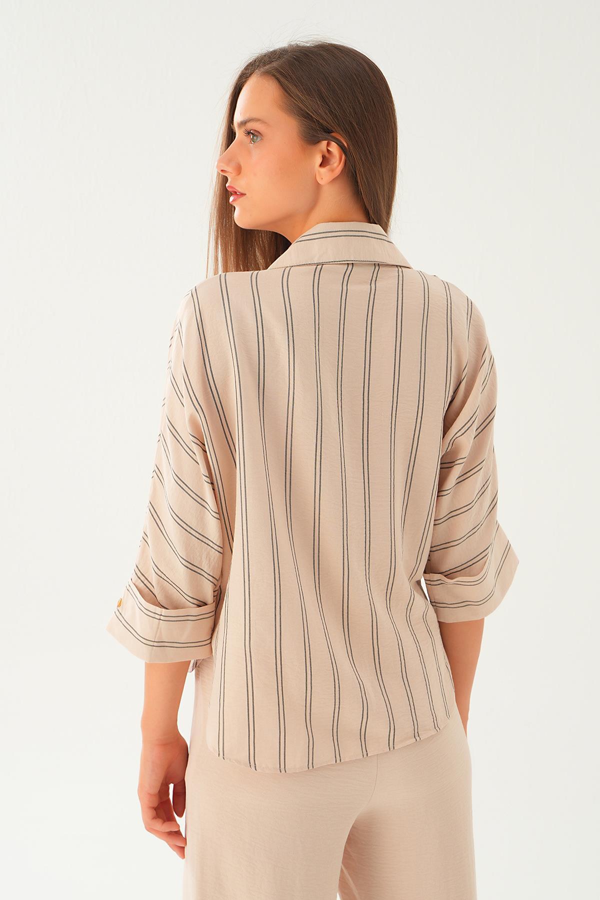 Bej Çizgili Çift Cep Gömlek 4272A - 5