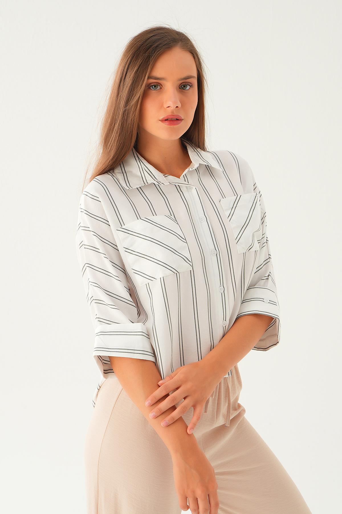 Ekru Çizgili Çift Cep Gömlek 4272A - 1