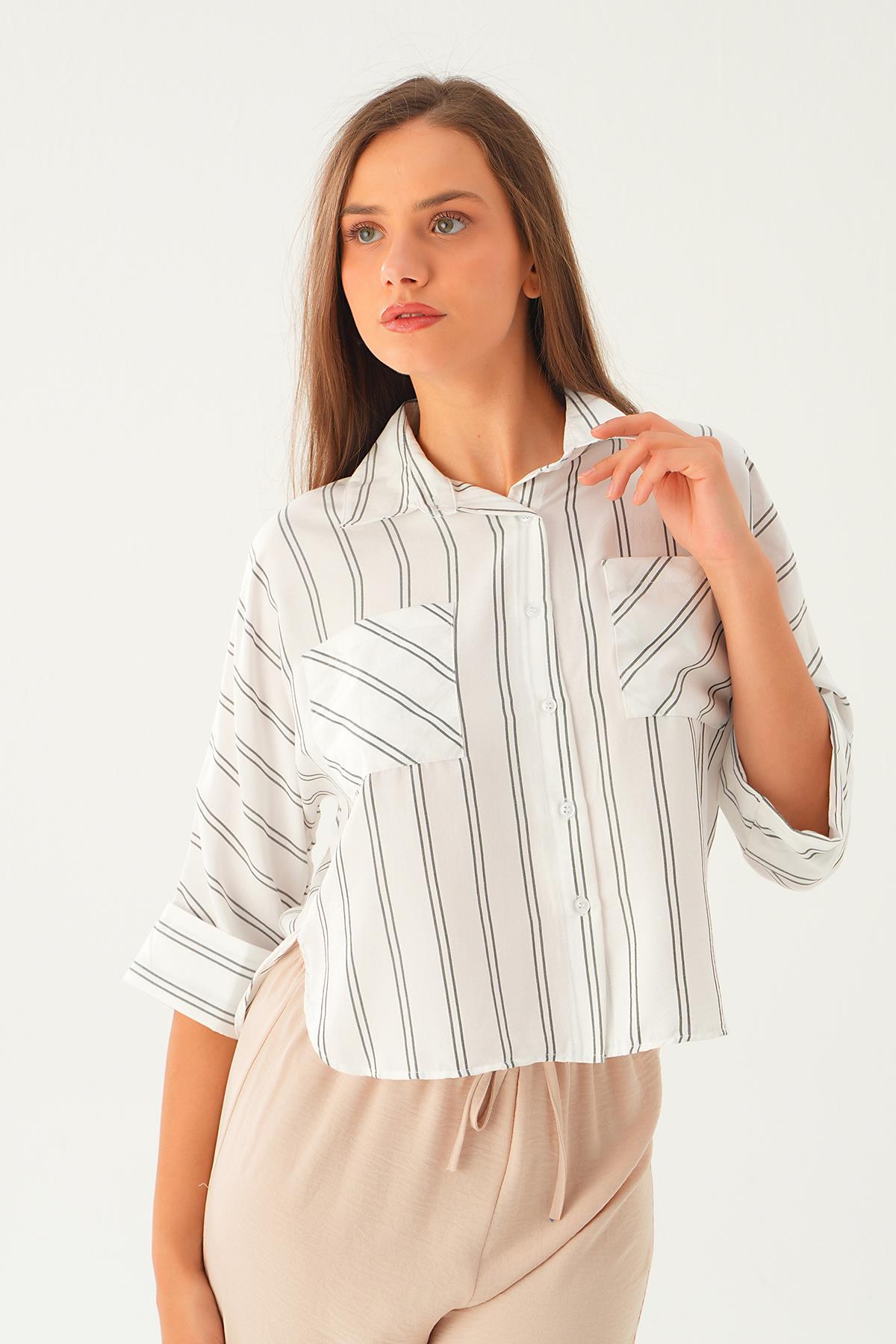 Ekru Çizgili Çift Cep Gömlek 4272A - 2
