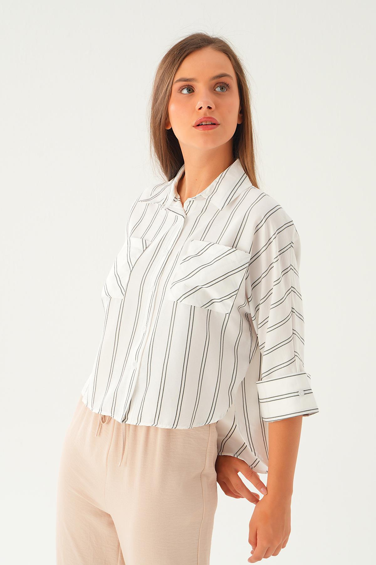 Ekru Çizgili Çift Cep Gömlek 4272A - 3