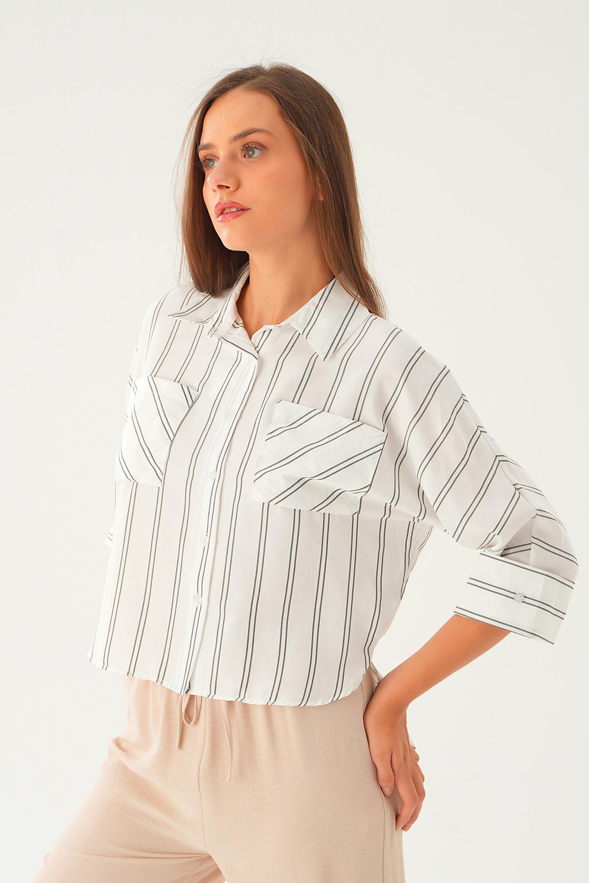 Ekru Çizgili Çift Cep Gömlek 4272A - 4