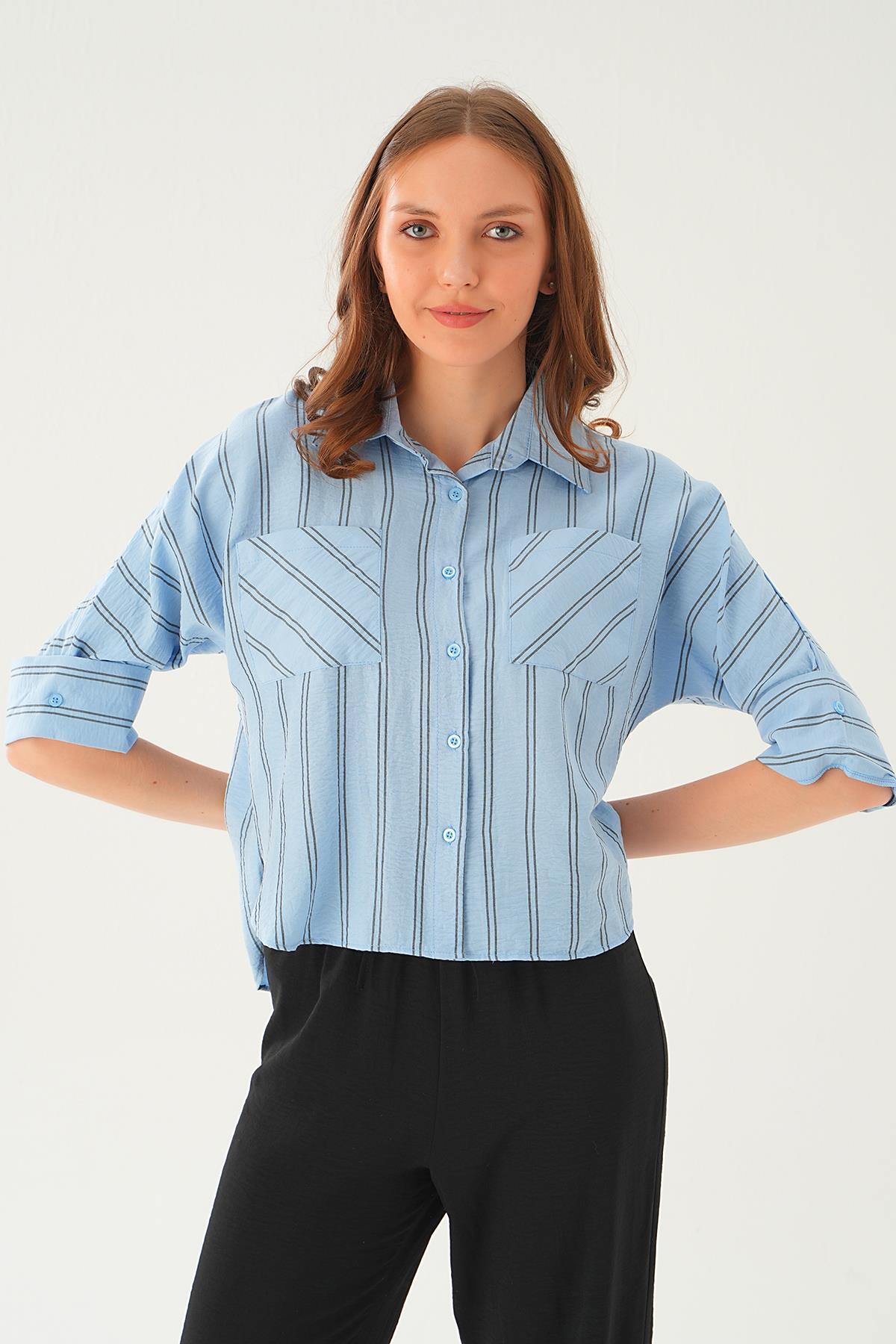 Mavi Çizgili Çift Cep Gömlek 4272A - 1