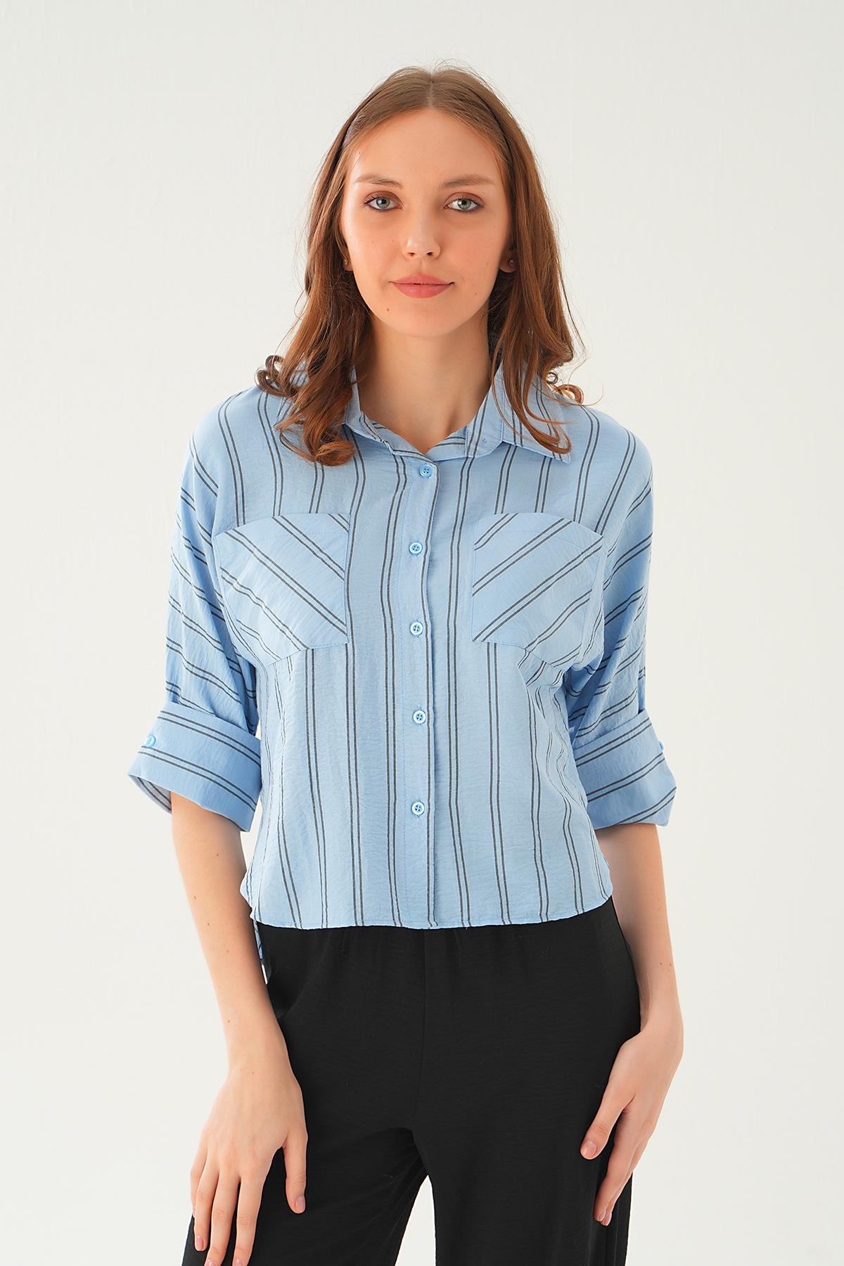 Mavi Çizgili Çift Cep Gömlek 4272A - 2