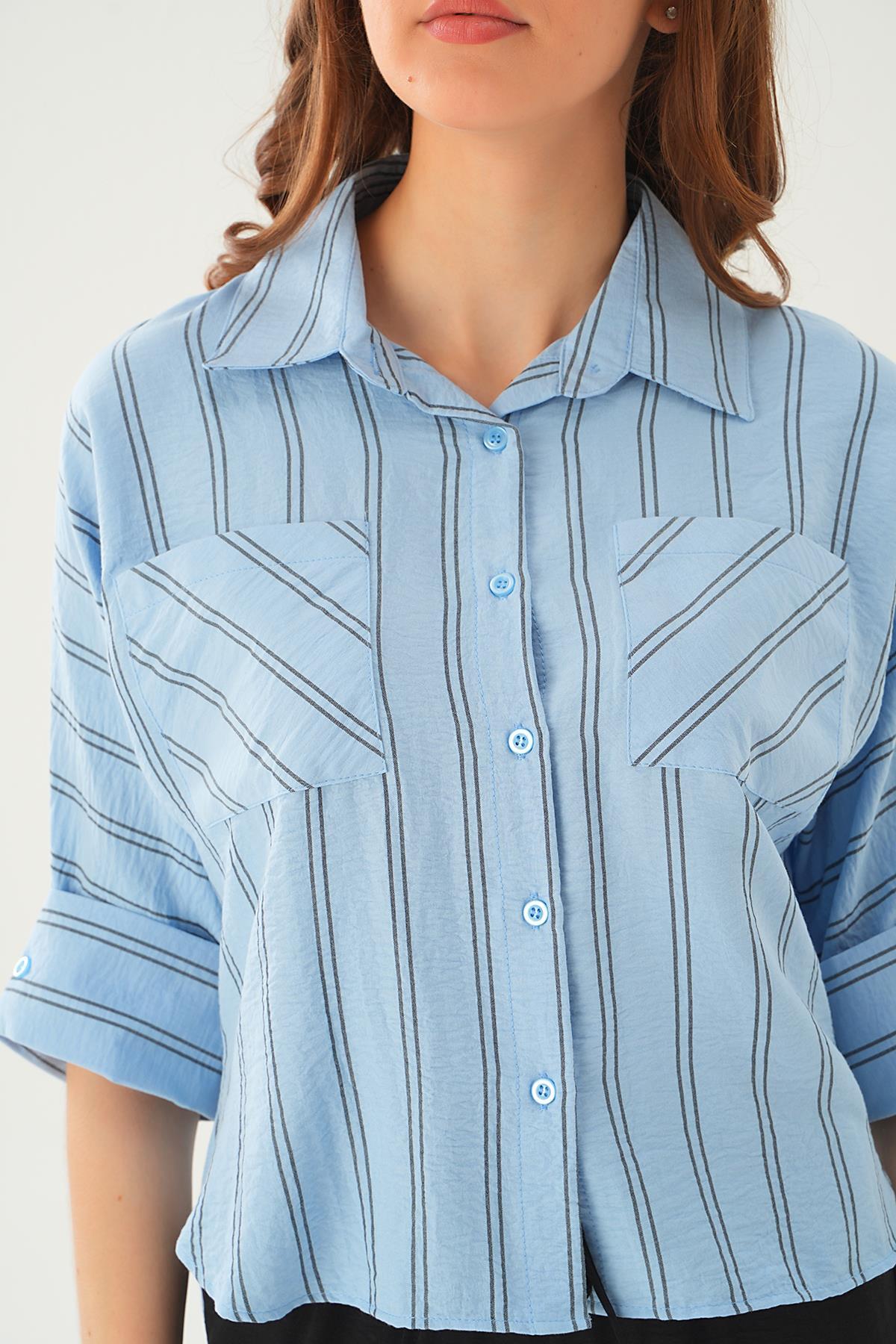 Mavi Çizgili Çift Cep Gömlek 4272A - 5
