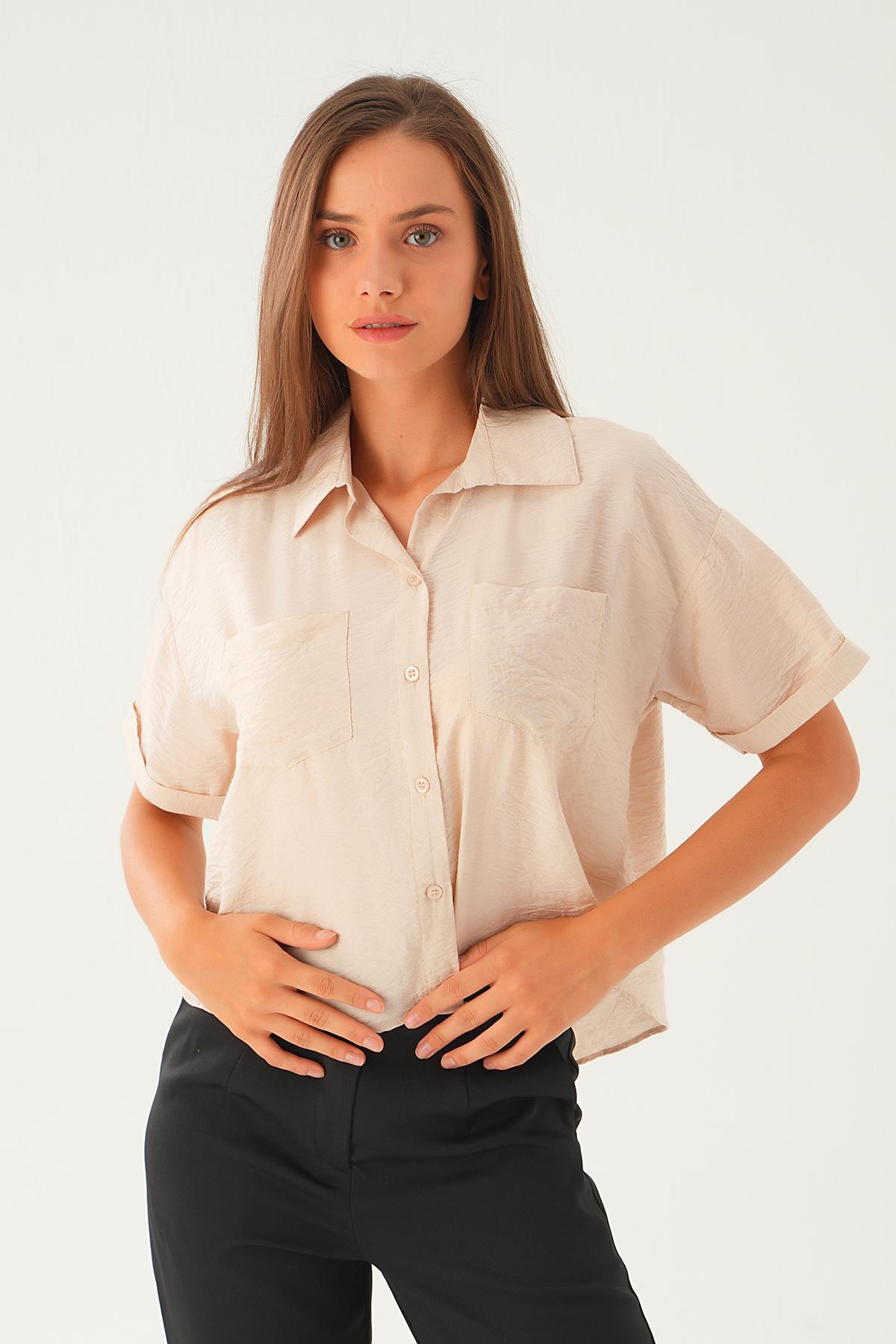 4274A Çift Cep Kısa Gömlek Bej 