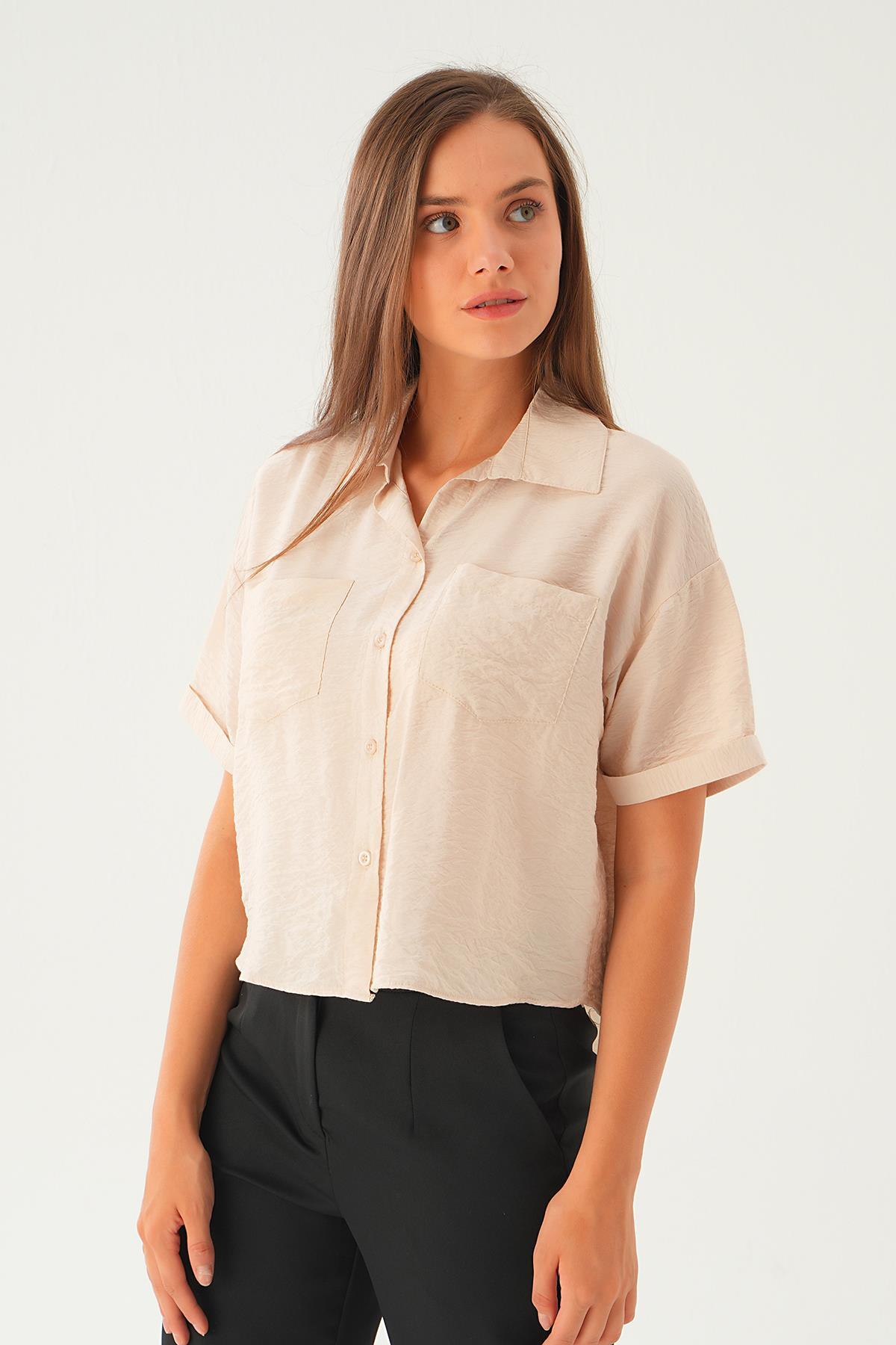 Bej Çift Cep Kısa Gömlek 4274A - 2