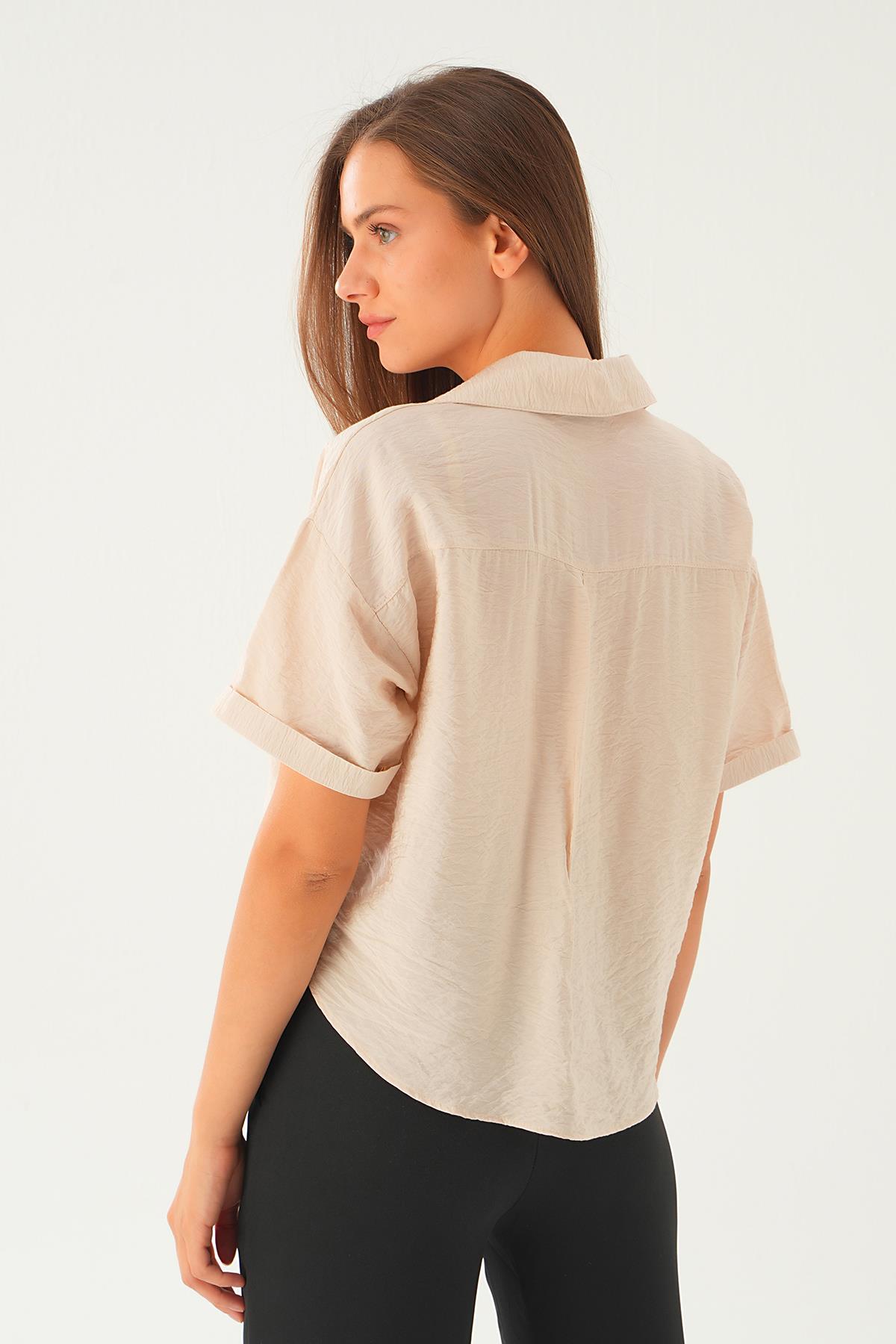 Bej Çift Cep Kısa Gömlek 4274A - 4