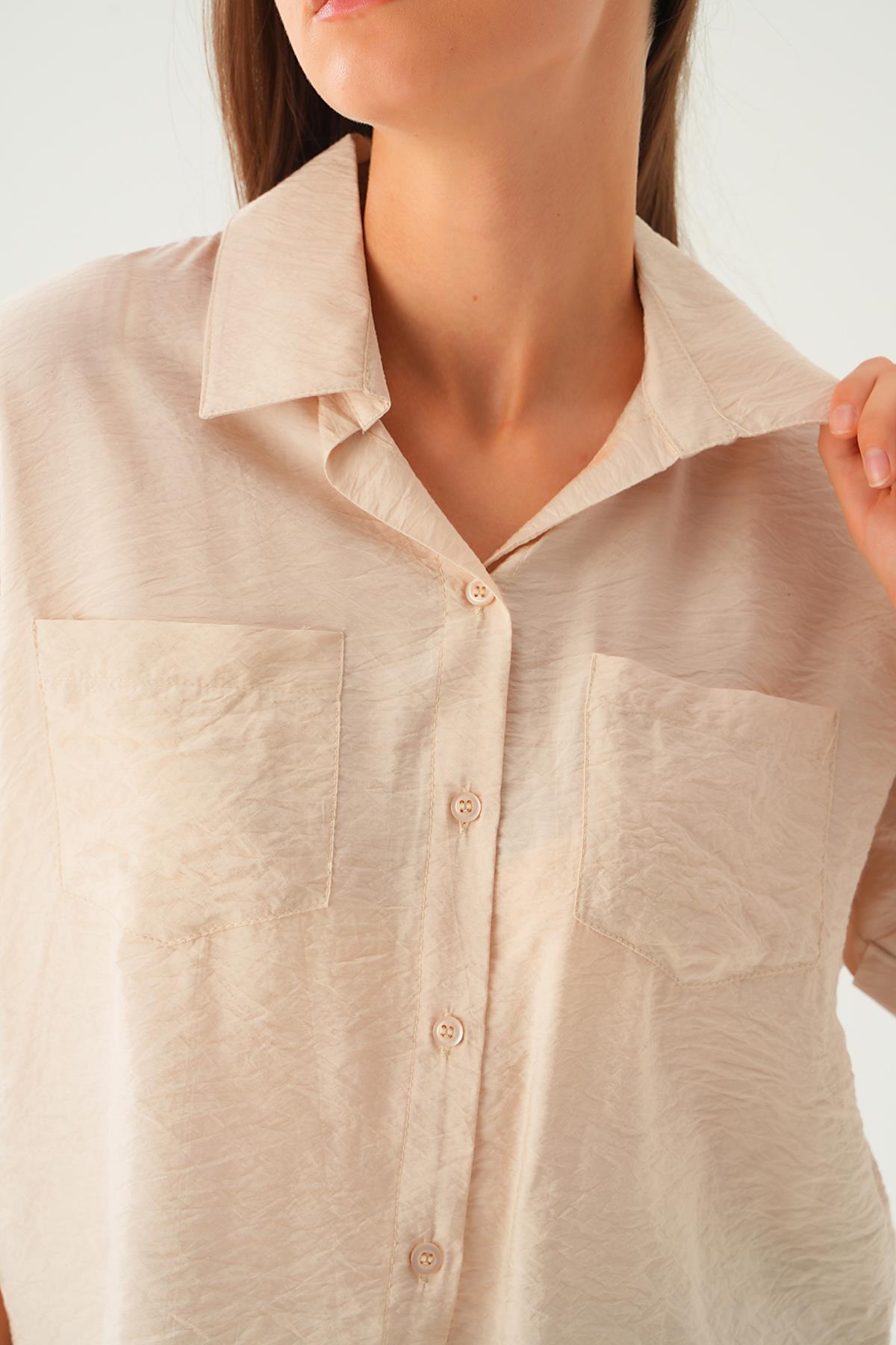 Bej Çift Cep Kısa Gömlek 4274A - 5