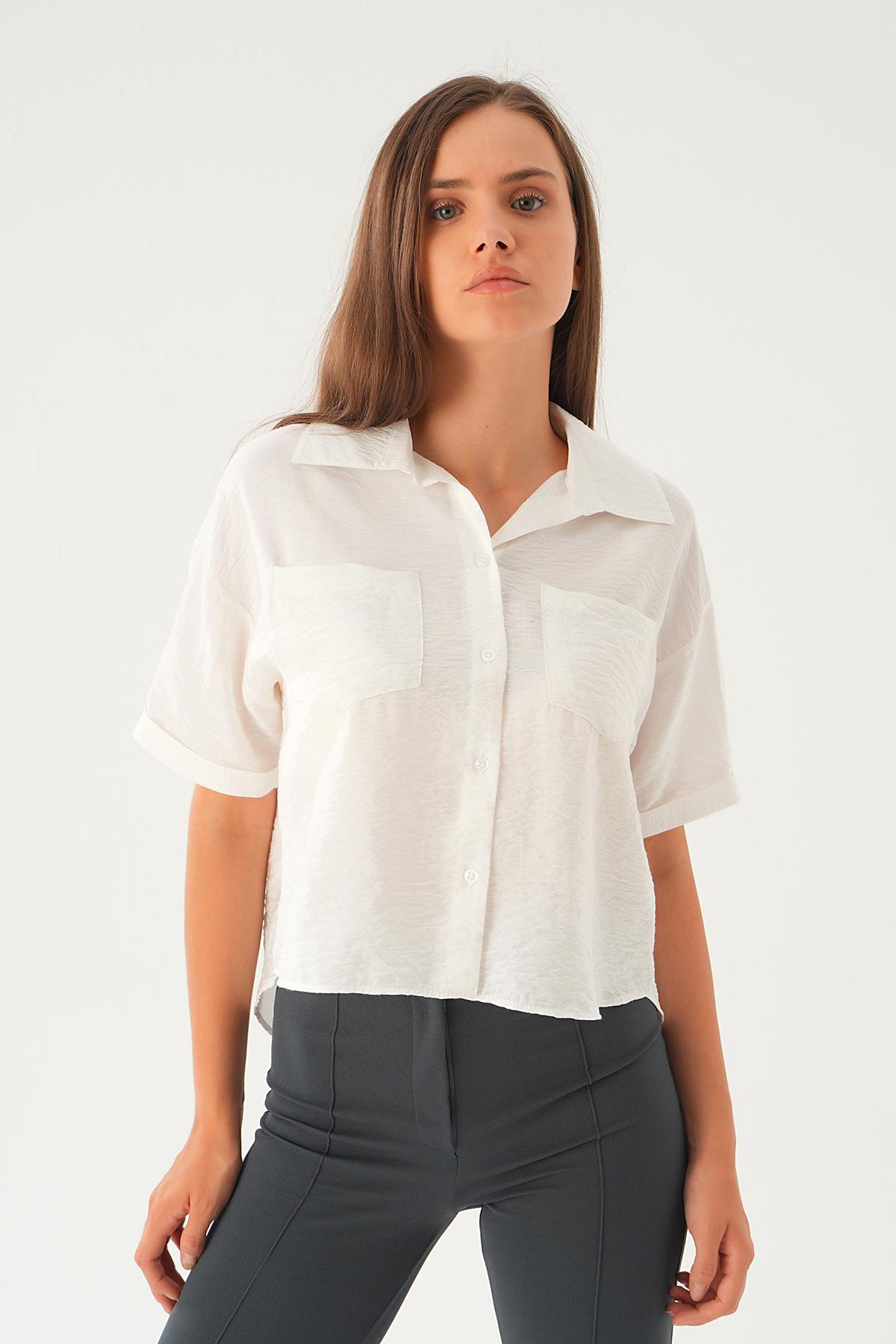 Beyaz Çift Cep Kısa Gömlek 4274A - 3