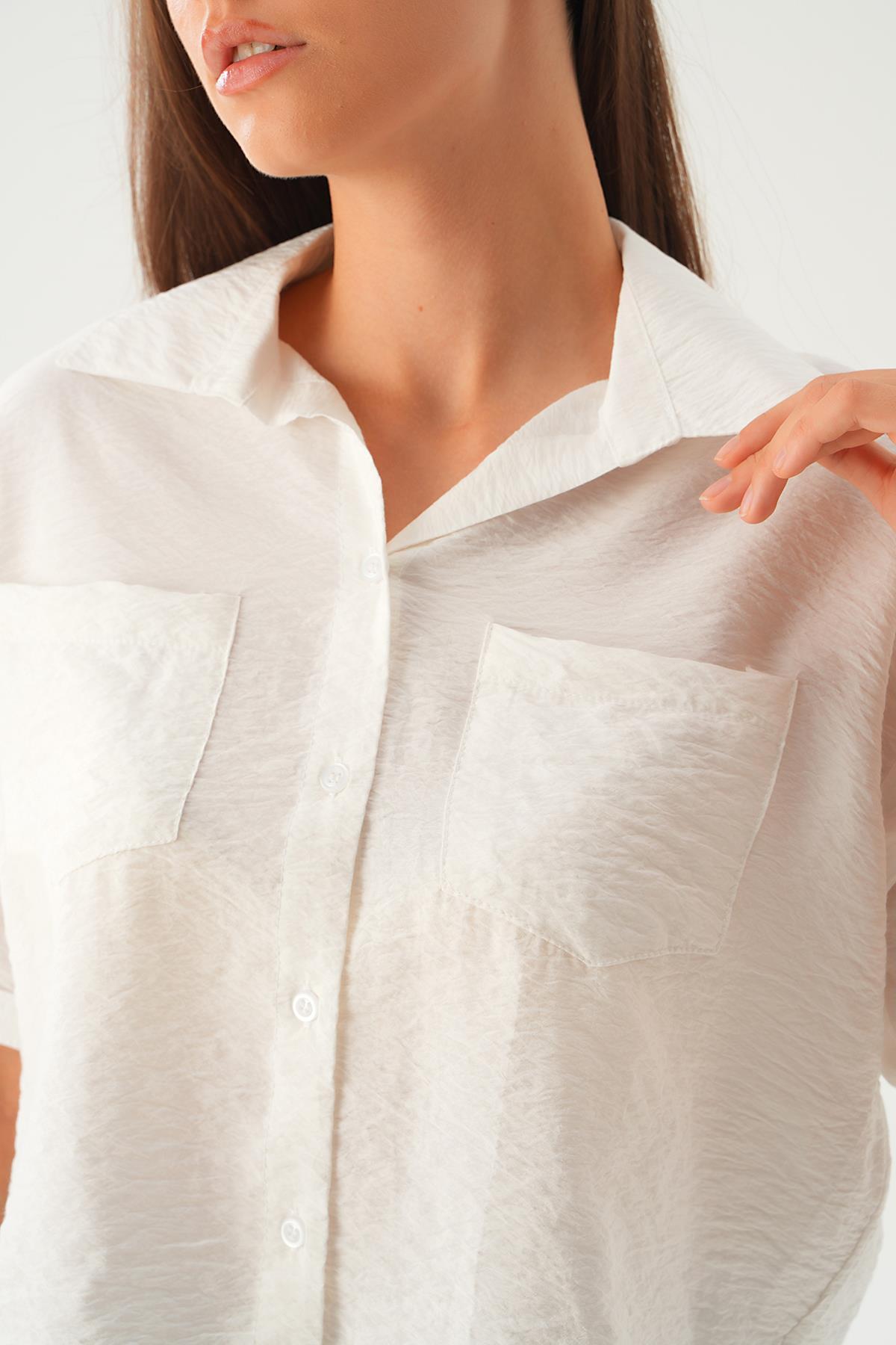 Beyaz Çift Cep Kısa Gömlek 4274A - 6