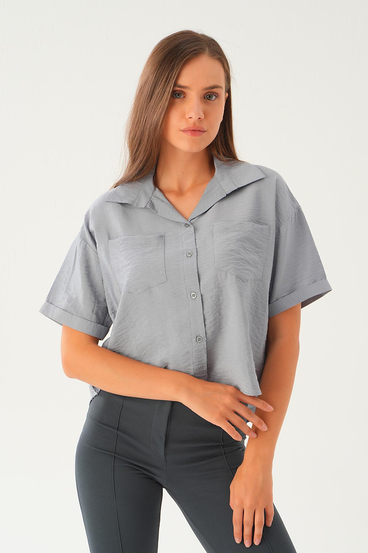 Gri Çift Cep Kısa Gömlek 4274A - 2