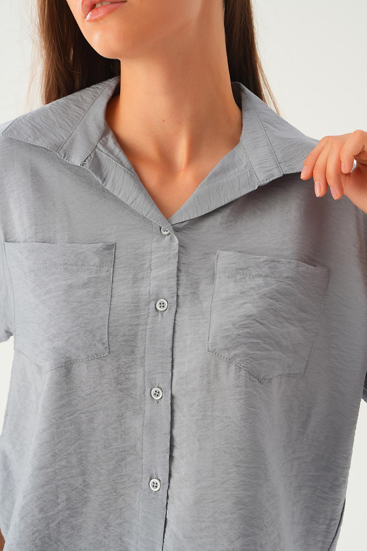 Gri Çift Cep Kısa Gömlek 4274A - 5