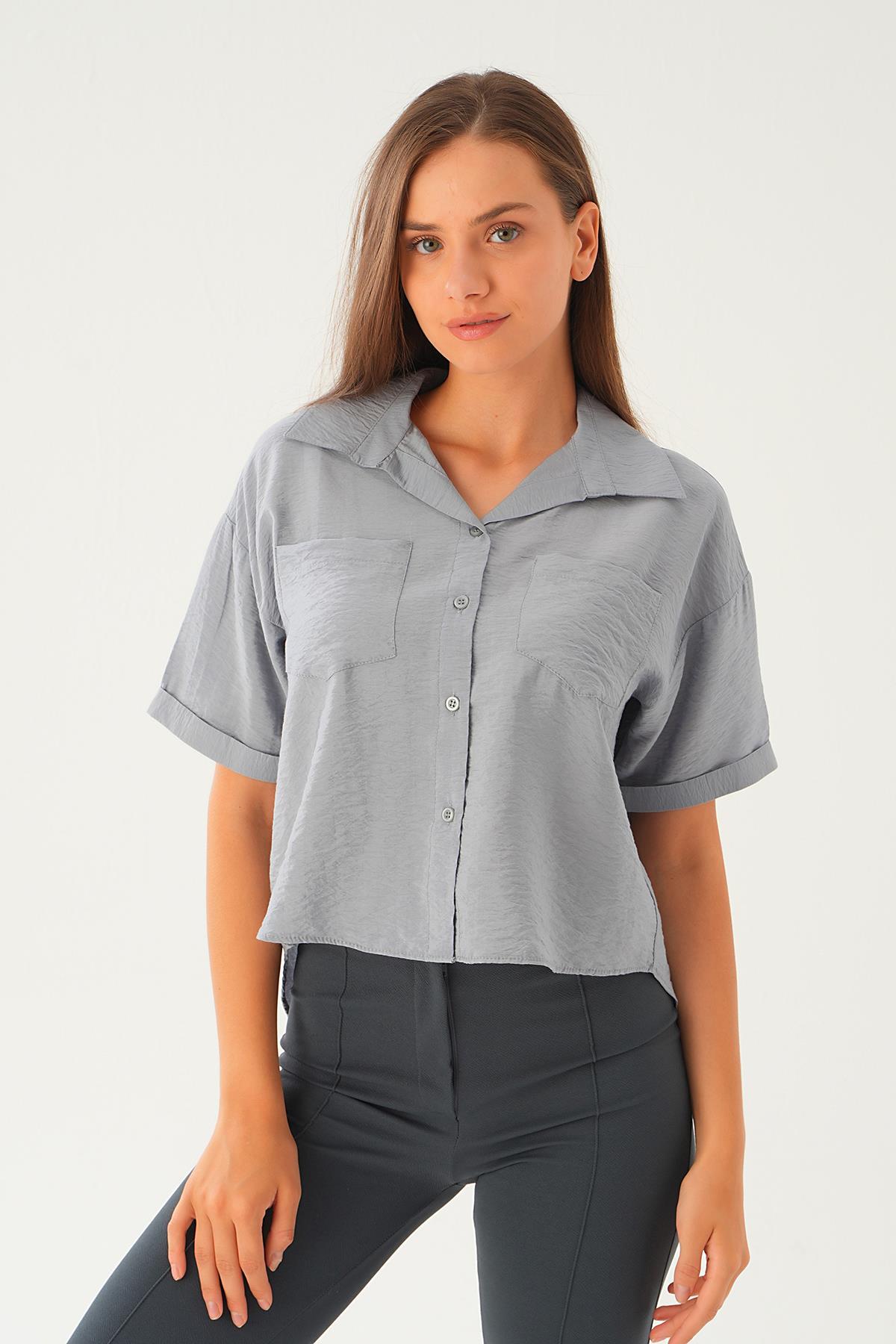Gri Çift Cep Kısa Gömlek 4274A - 6