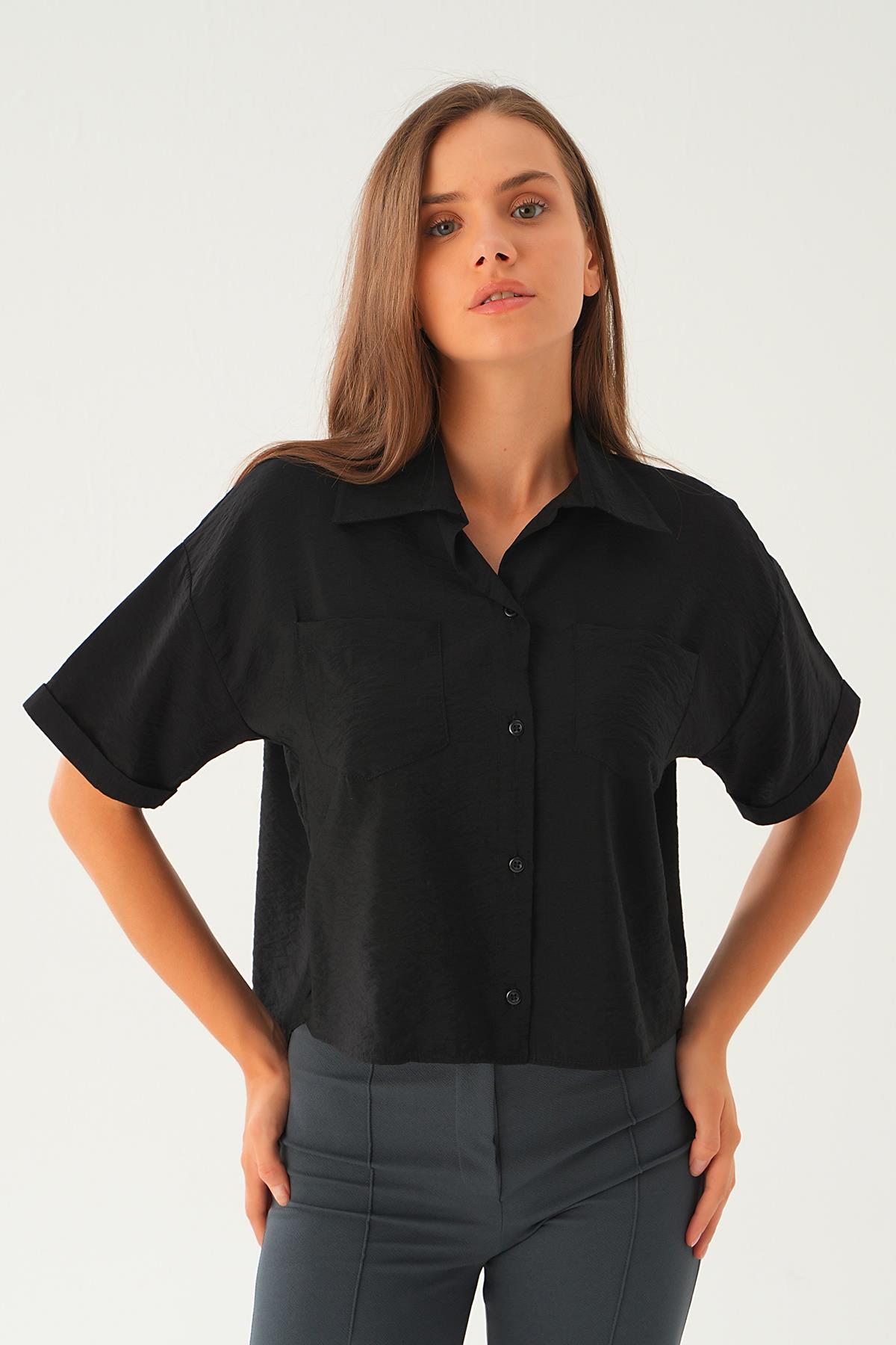 Siyah Çift Cep Kısa Gömlek 4274A - 2