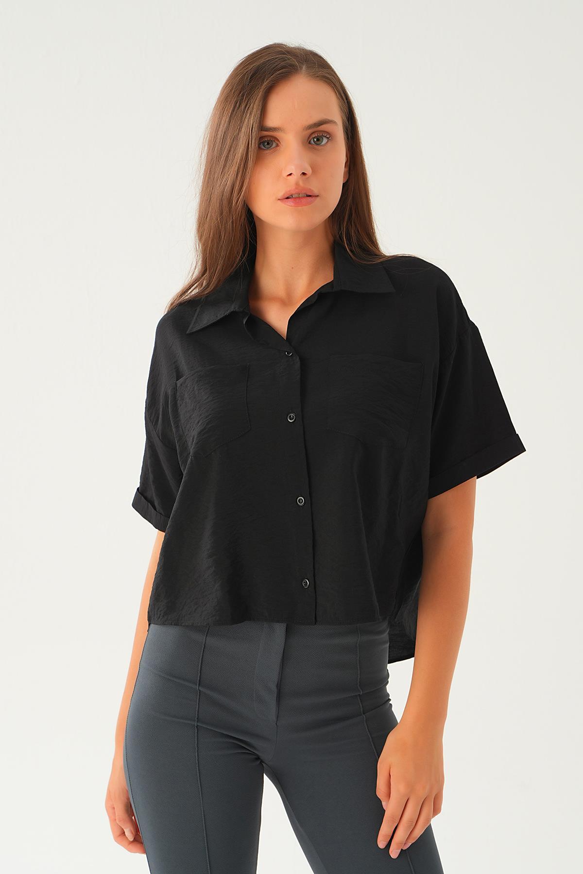 Siyah Çift Cep Kısa Gömlek 4274A - 3