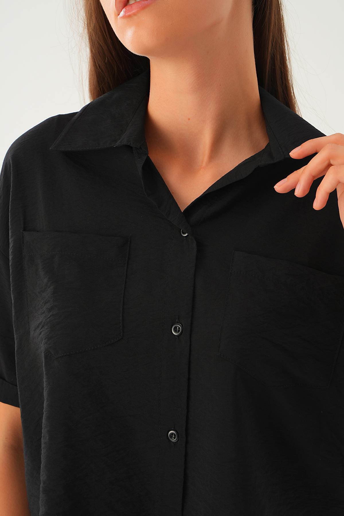 Siyah Çift Cep Kısa Gömlek 4274A - 6