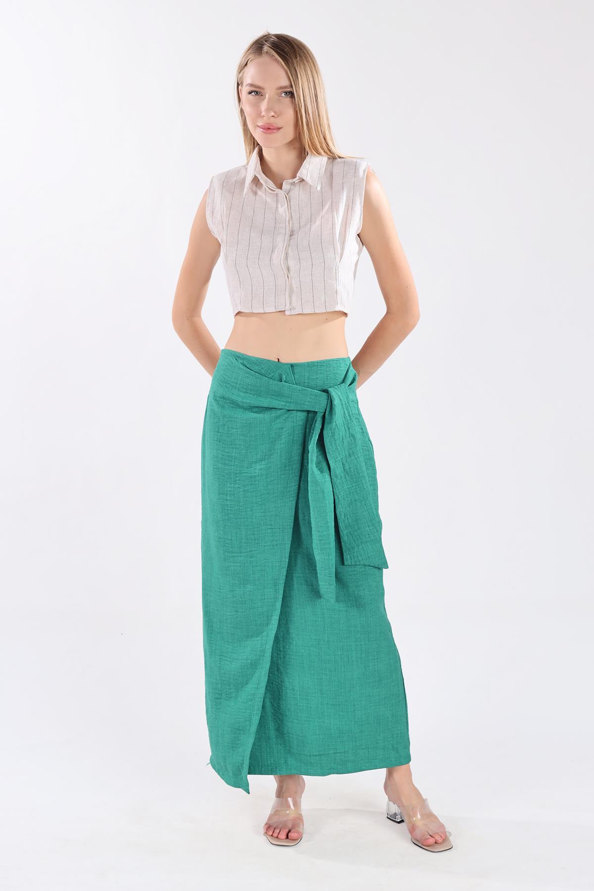 Benetton Yeşili Belden Bağlamalı Etek 4283A - 1