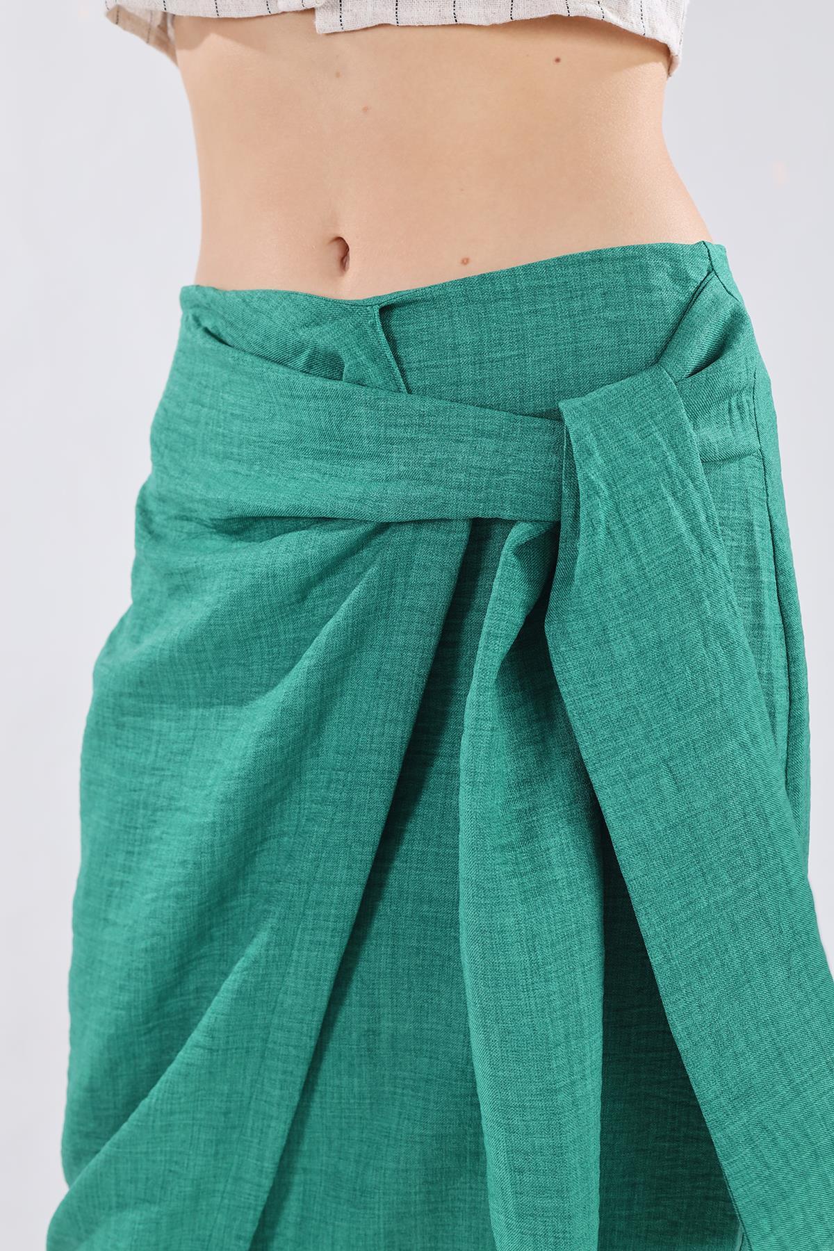 Benetton Yeşili Belden Bağlamalı Etek 4283A - 4