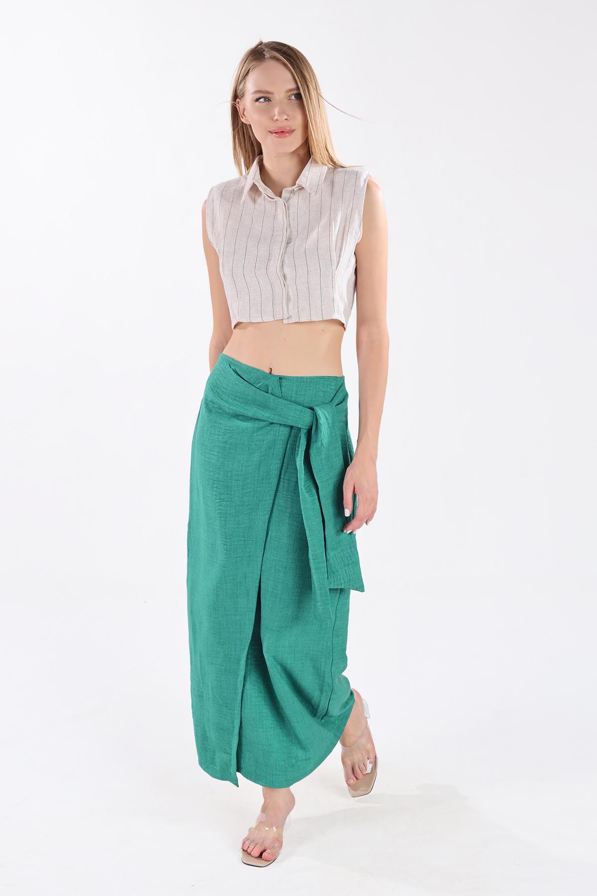 Benetton Yeşili Belden Bağlamalı Etek 4283A - 3
