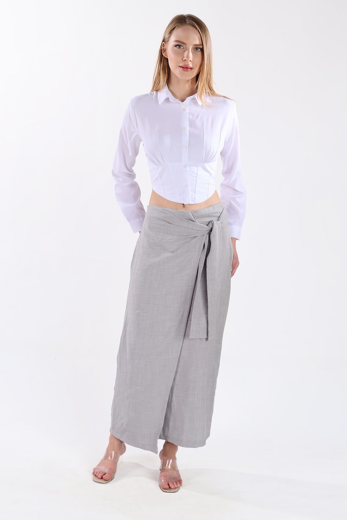 Gri Belden Bağlamalı Etek 4283A - 8