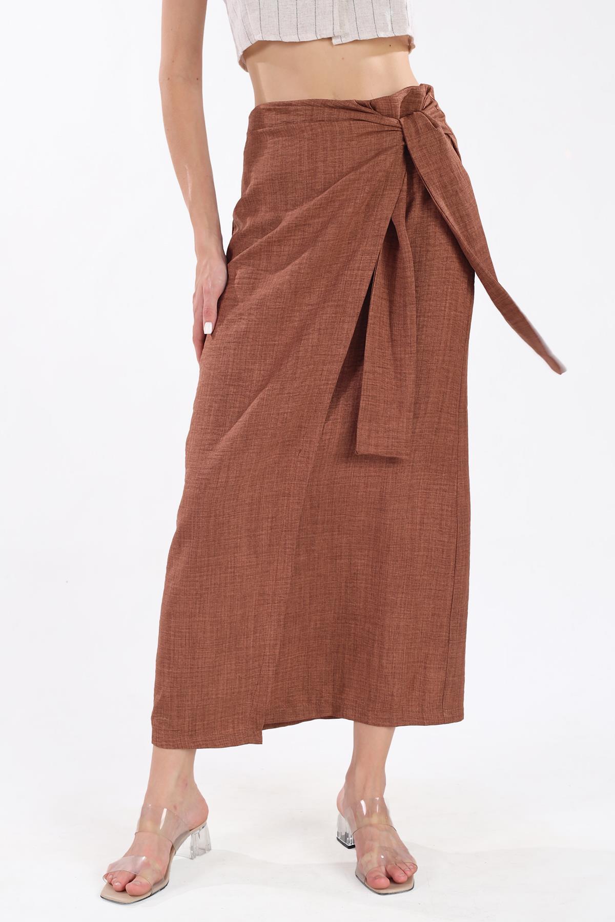 Kahve Belden Bağlamalı Etek 4283A - 2